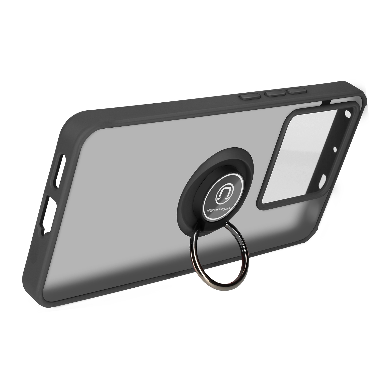 Custodia nera per telefono con anello, mostra un retro trasparente. Vista angolata.