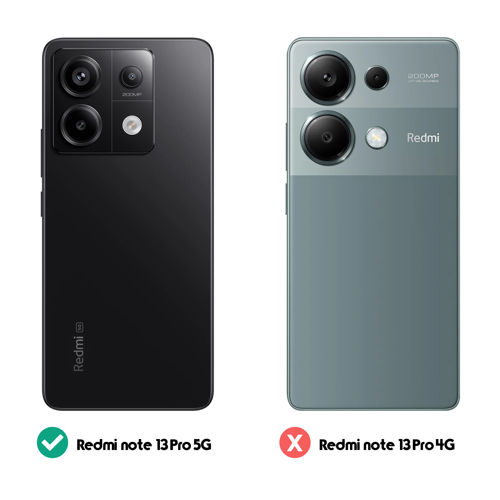 Due telefoni, uno nero e uno verde acqua. Il testo li etichetta Redmi Note 13 Pro 5G e 4G.