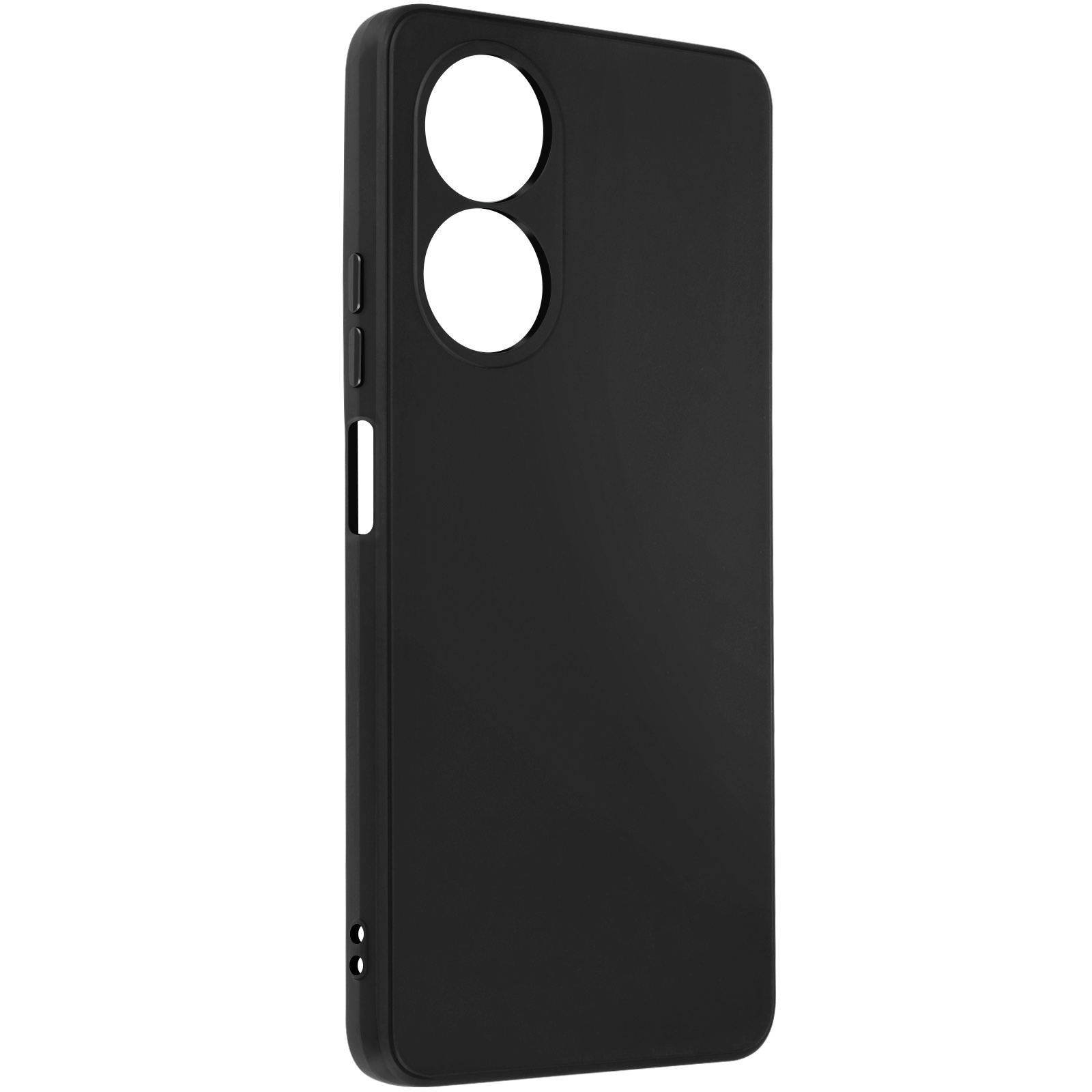 Una custodia nera per telefono con due ritagli per fotocamera e un design elegante su sfondo bianco.