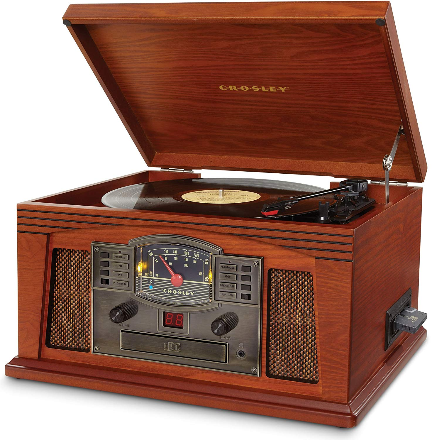 Vintage Crosley Plattenspieler mit Details.