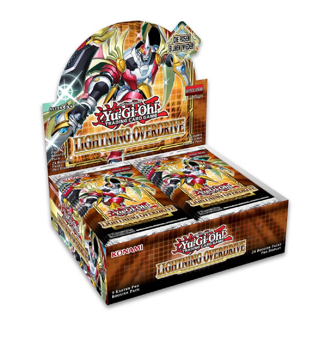 Scatola espositiva di carte Yu-Gi-Oh!, 'Lightning Overdrive', con personaggi anime e pacchetti all'interno.