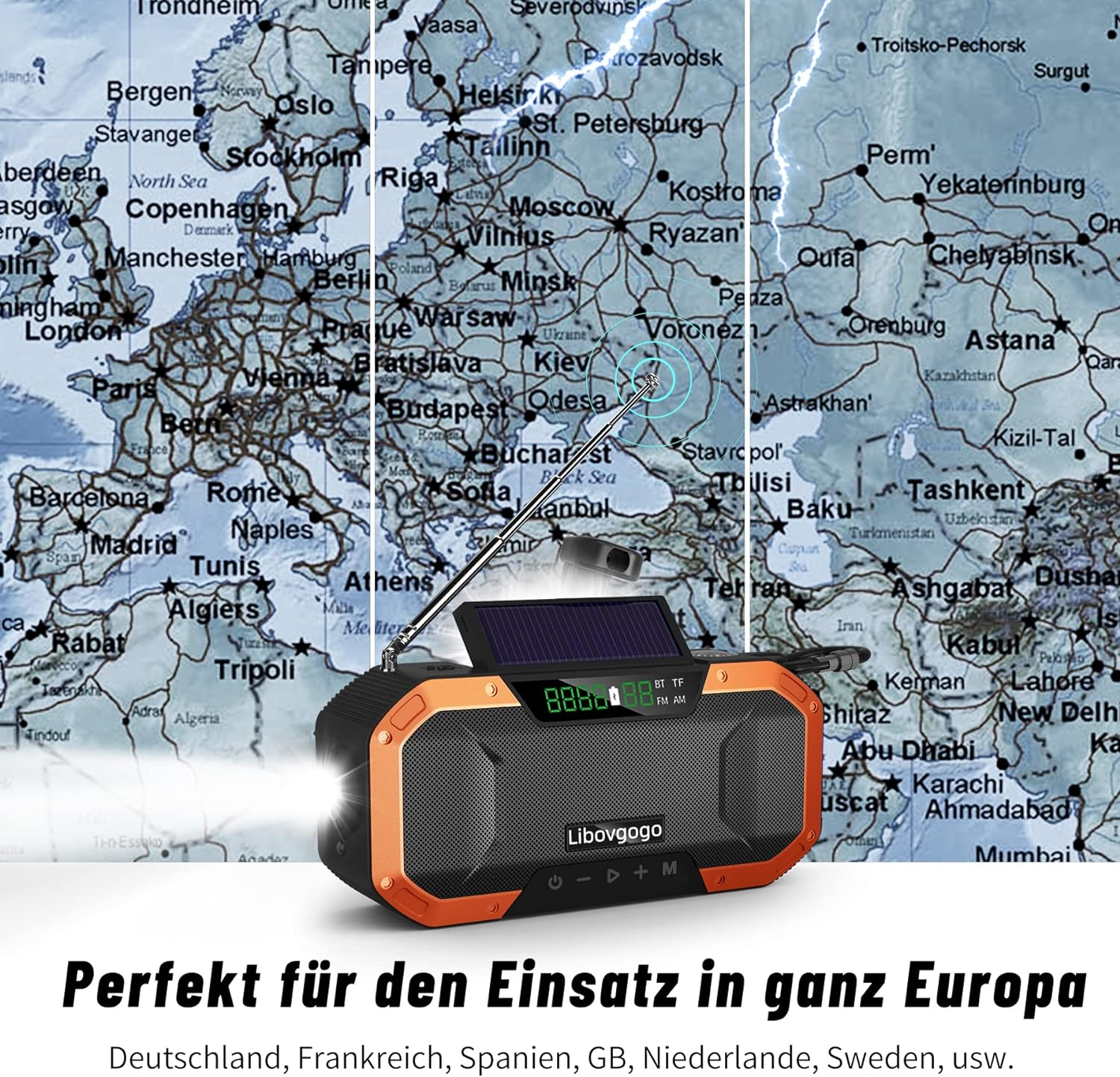 Ein schwarz-oranges Radio mit Solarpanel und Weltkarte im Hintergrund.