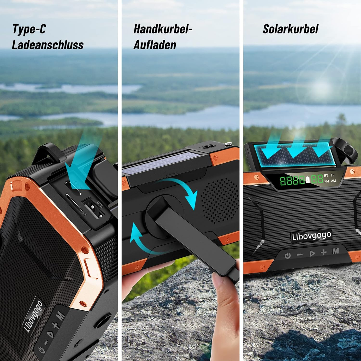 Ein tragbares Radio mit verschiedenen Lademöglichkeiten: Typ-C, Handkurbel und Solarpanel.