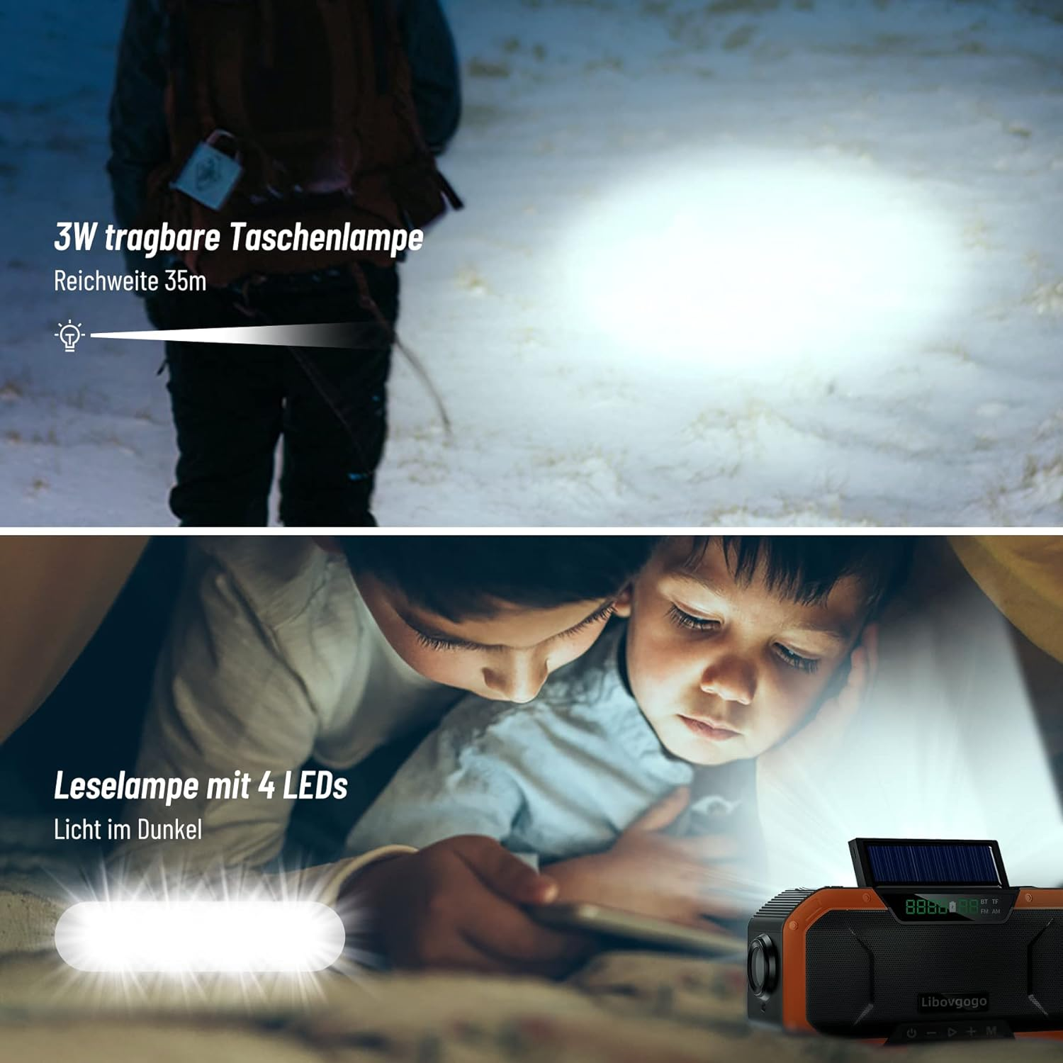 Zwei Bilder. Oben: Person mit Taschenlampe im Schnee. Unten: Kinder mit Lampe.