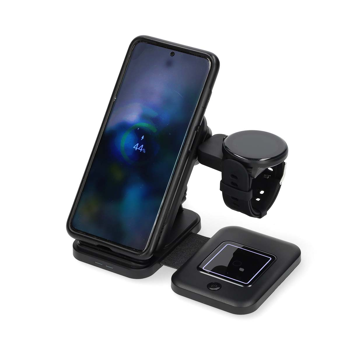 A black phone and watch are charging on a black stand. Phone displays a charging indicator.