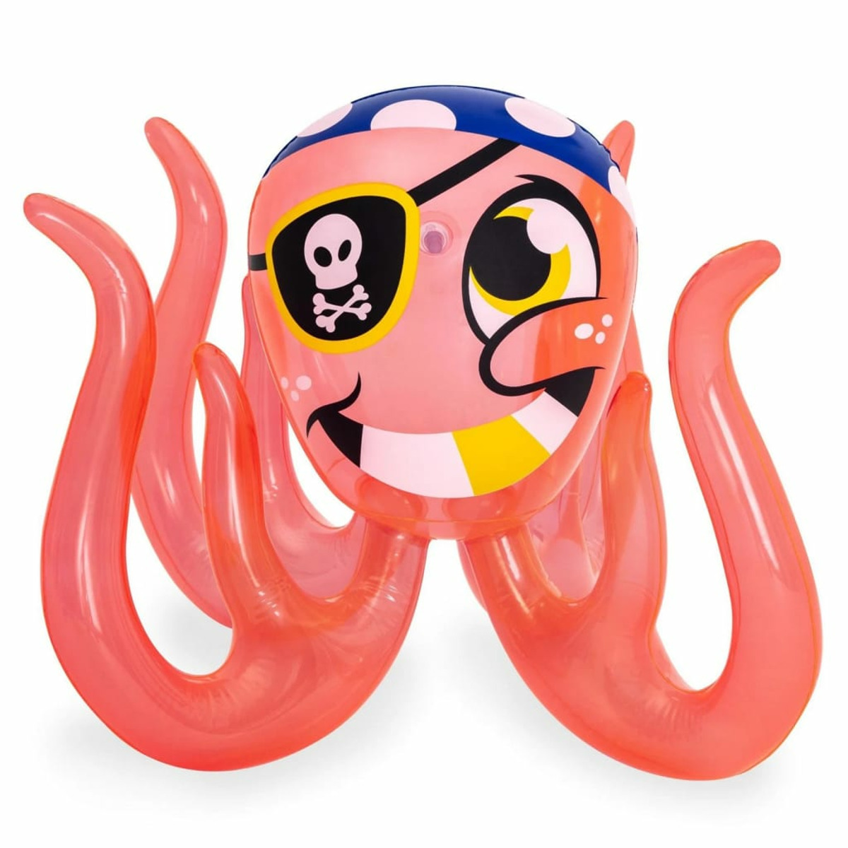 Polpo gonfiabile con benda da pirata, bandana blu e tentacoli rosa. Faccia sorridente.