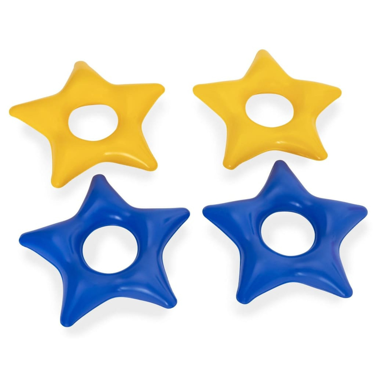 Quattro anelli a forma di stella, due gialli e due blu, disposti su una superficie bianca, pronti per l'uso.