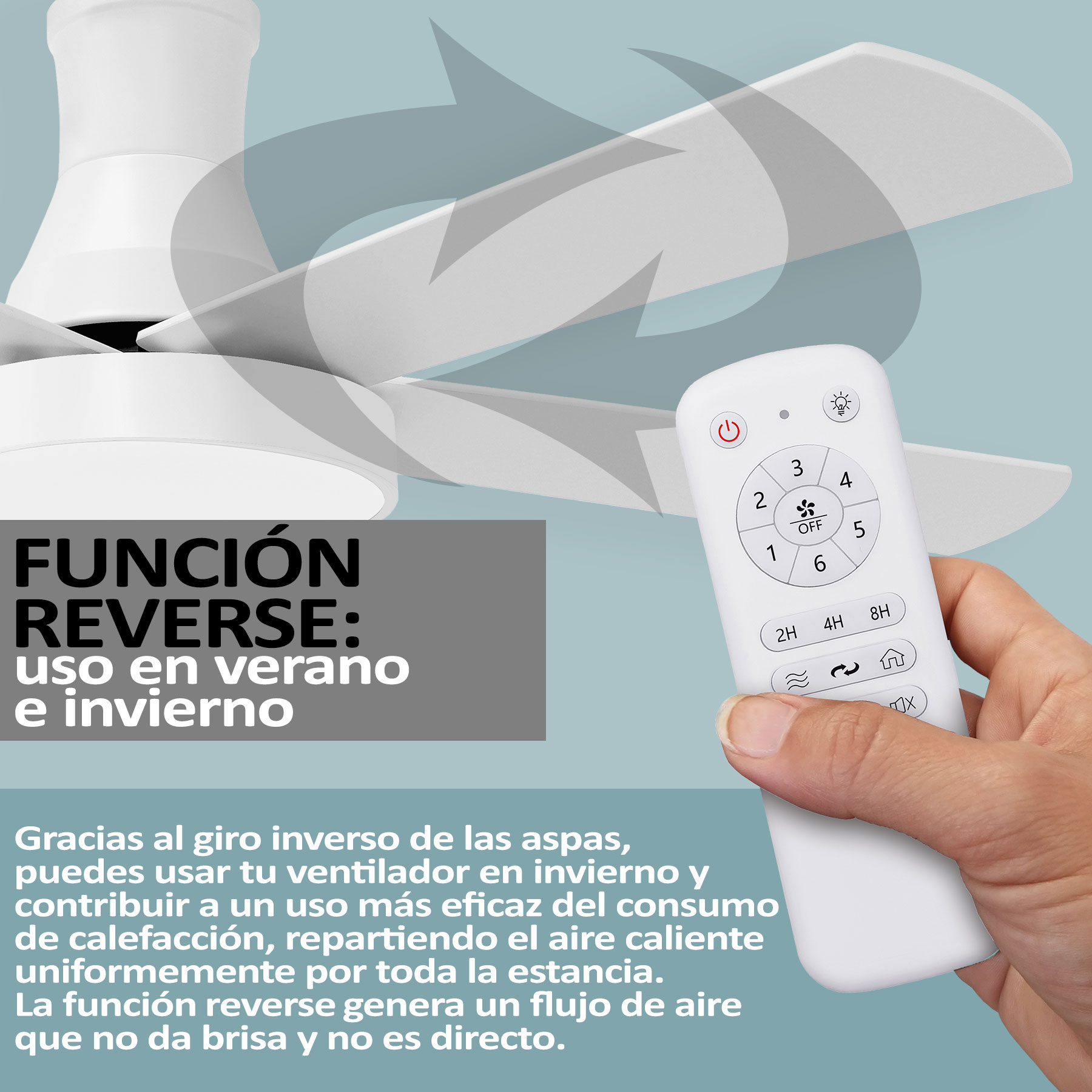 Ventilador de techo blanco con flechas de función inversa, texto en español.