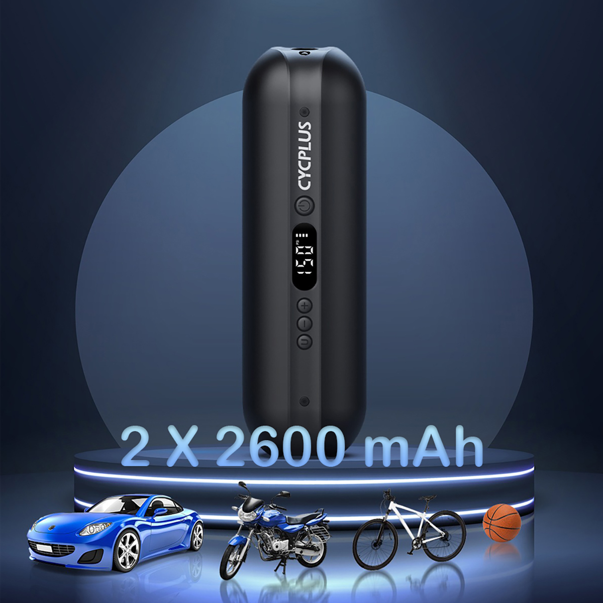 Schwarze Luftpumpe mit Digitalanzeige. Blauer Hintergrund mit Auto, Fahrrad, Motorrad und Basketball.