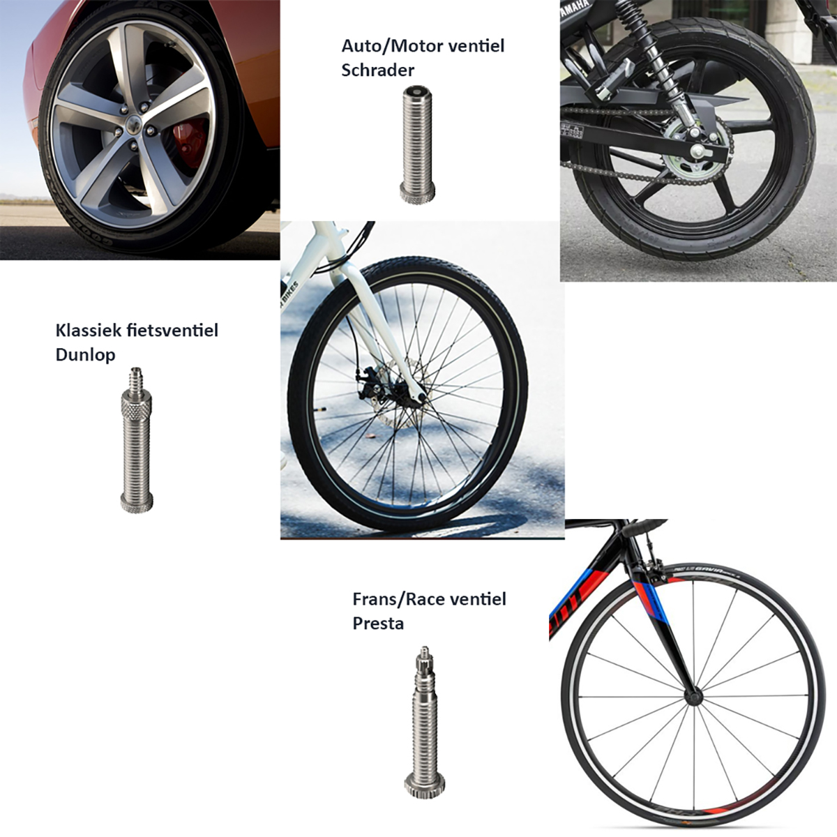 Mehrere Reifenventile verschiedener Typen, darunter Schrader, Dunlop und Presta, sowie Fahrradräder.