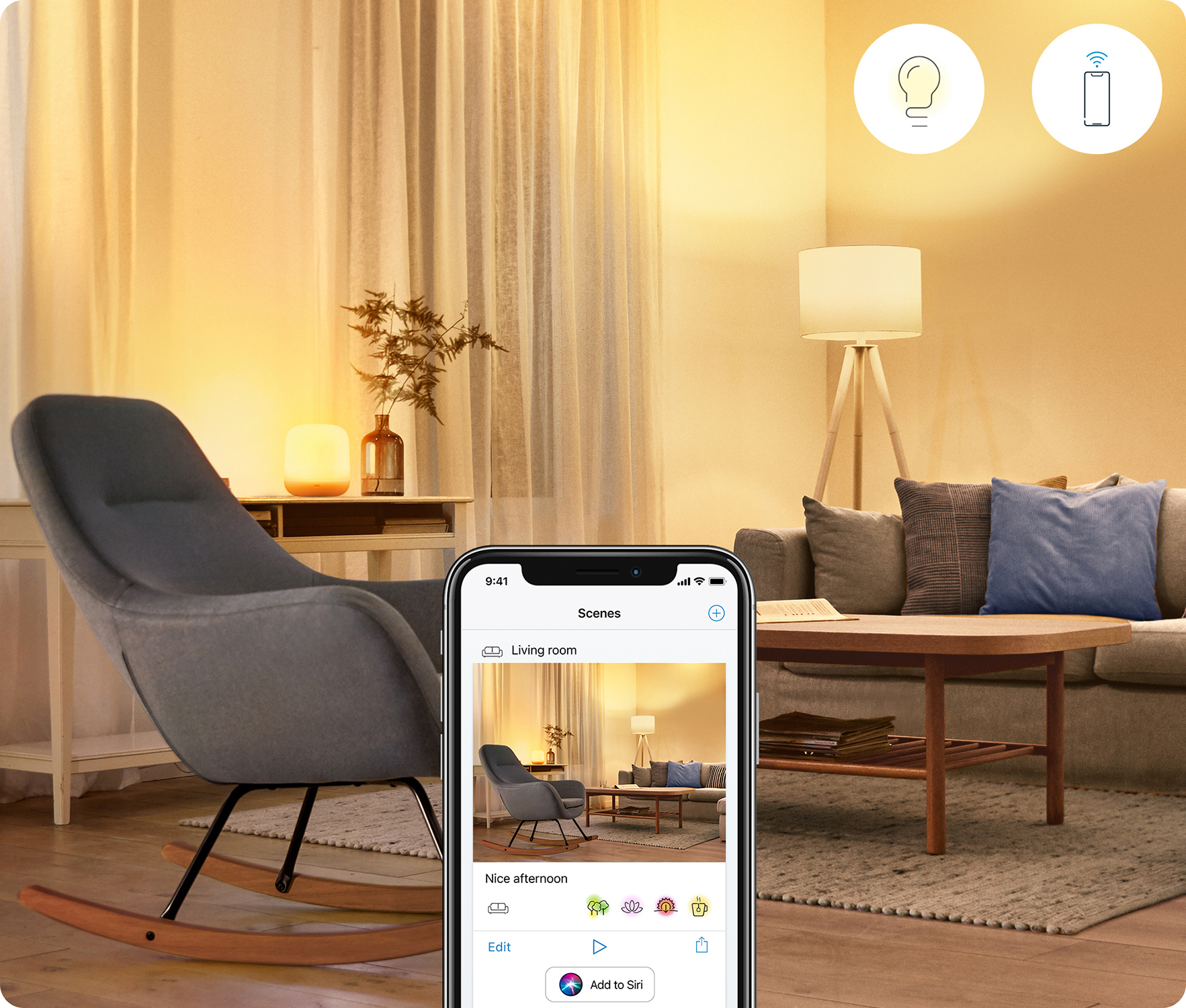 Nowoczesny salon z smartfonem pokazującym scenę salonu z włączonymi światłami.