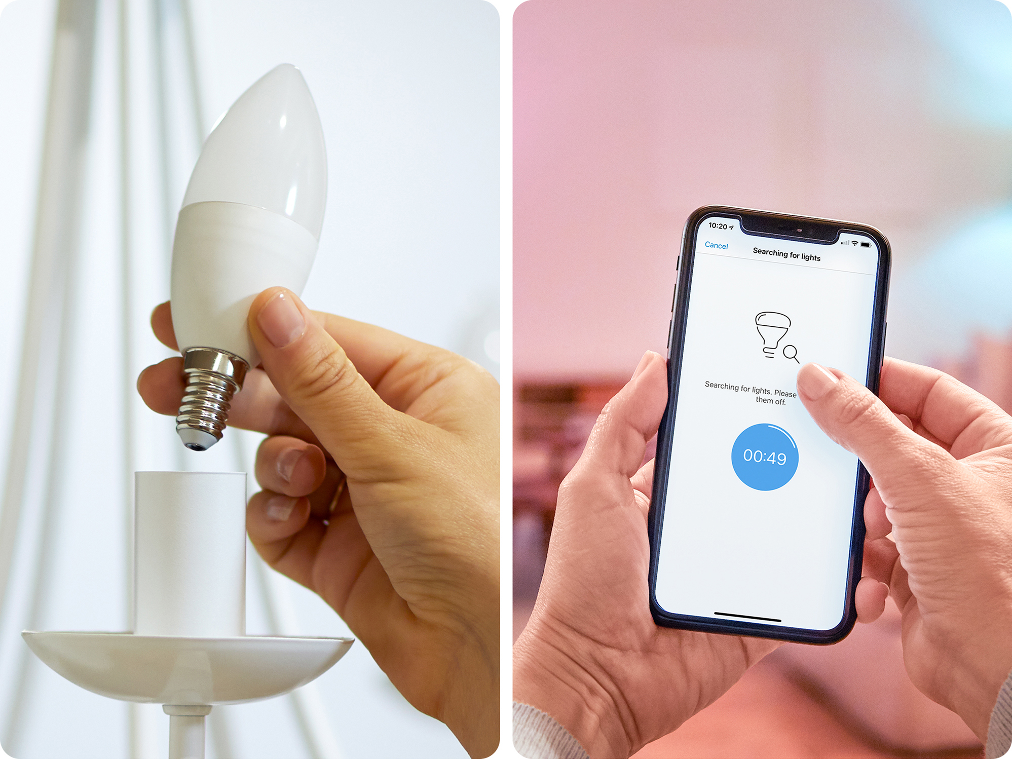 A hand installing a light bulb and another hand with a phone searching for lights.