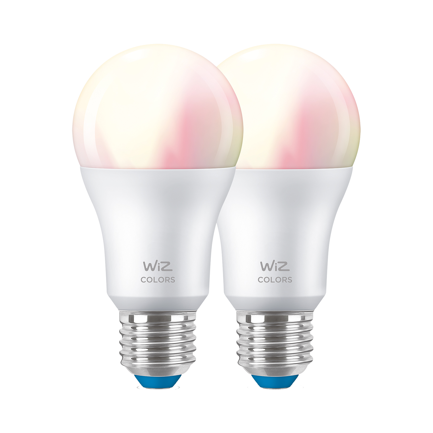 Due lampadine intelligenti Wiz bianche che brillano di luce rosa e gialla.
