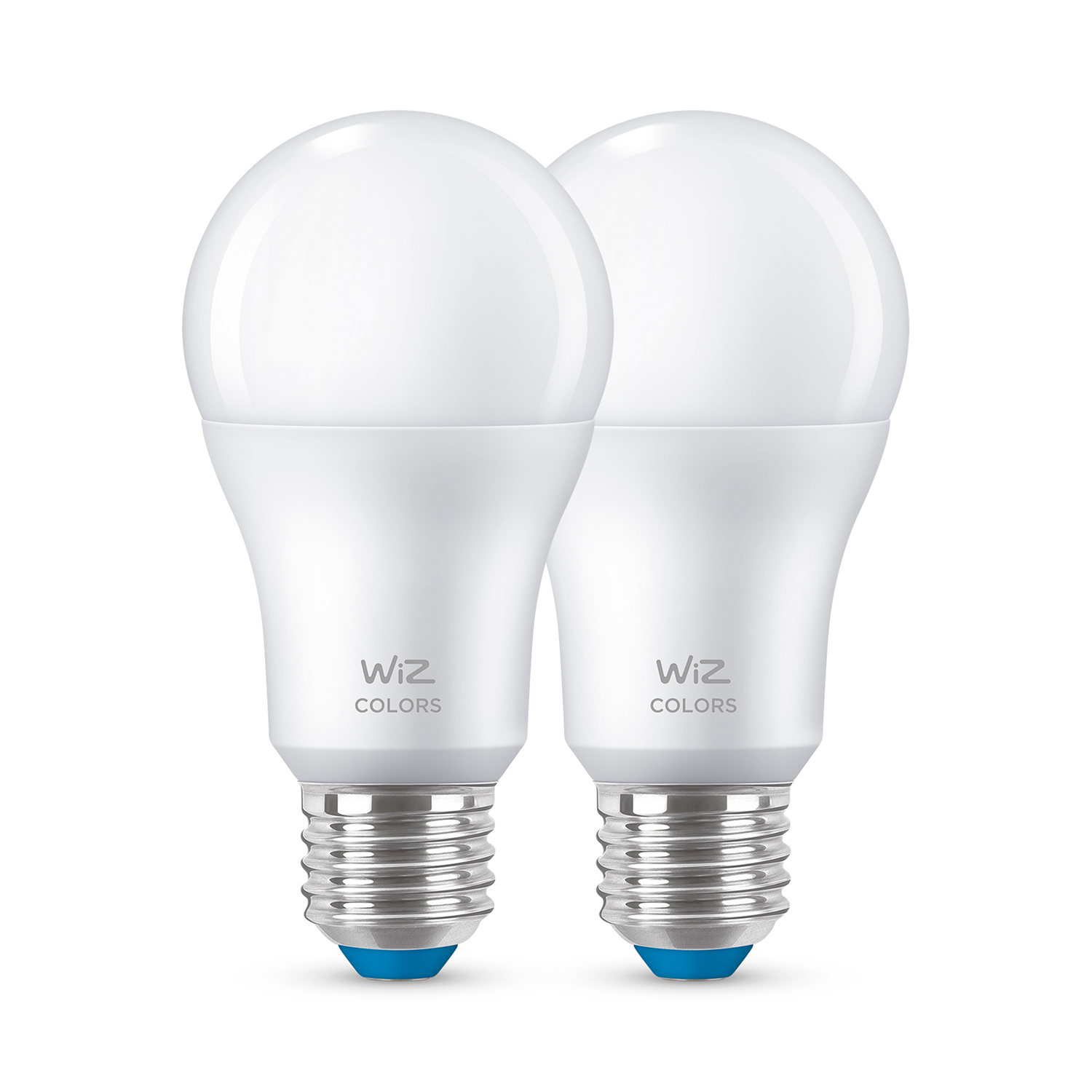 Due lampadine a LED bianche con basi blu. Le lampadine hanno le parole WiZ e Colors.