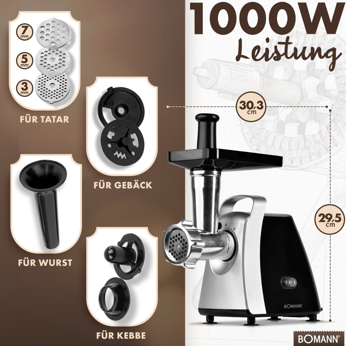 Maszynka do mięsa z akcesoriami, tekst: 'Für Tatar', 'Für Wurst', 'Für Gebäck', 'Für Kebbe', na białym.