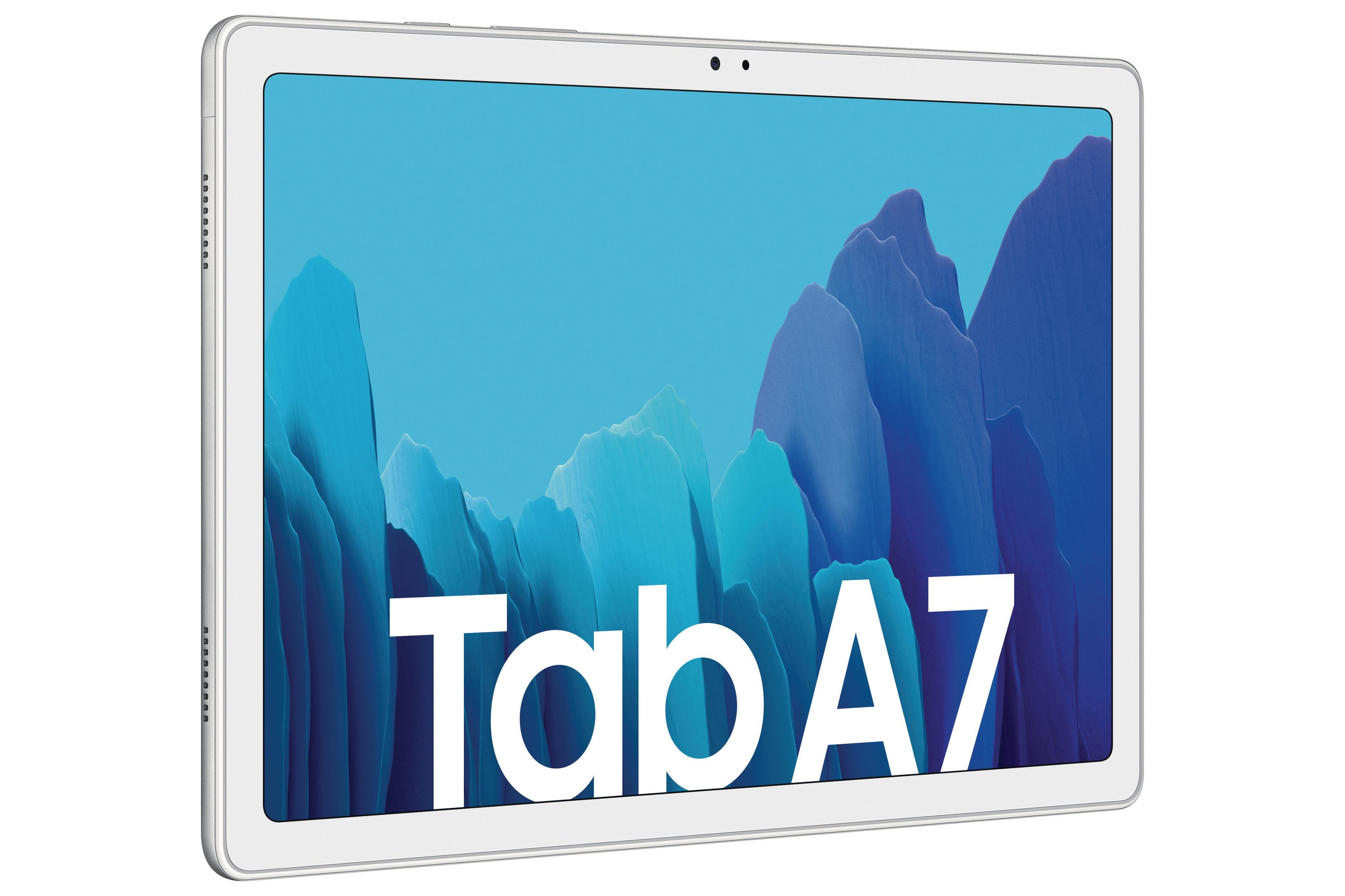 Tablet con Tab A7 stampato sullo schermo e cornice bianca.