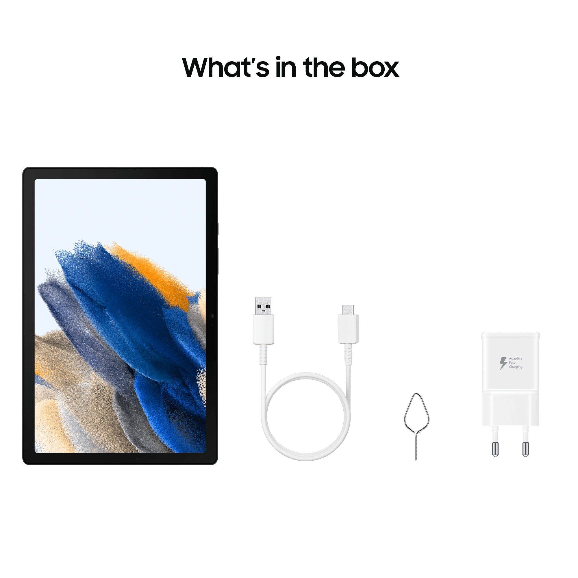 Una tableta con accesorios: un cable, un pin y un cargador, sobre un fondo negro.