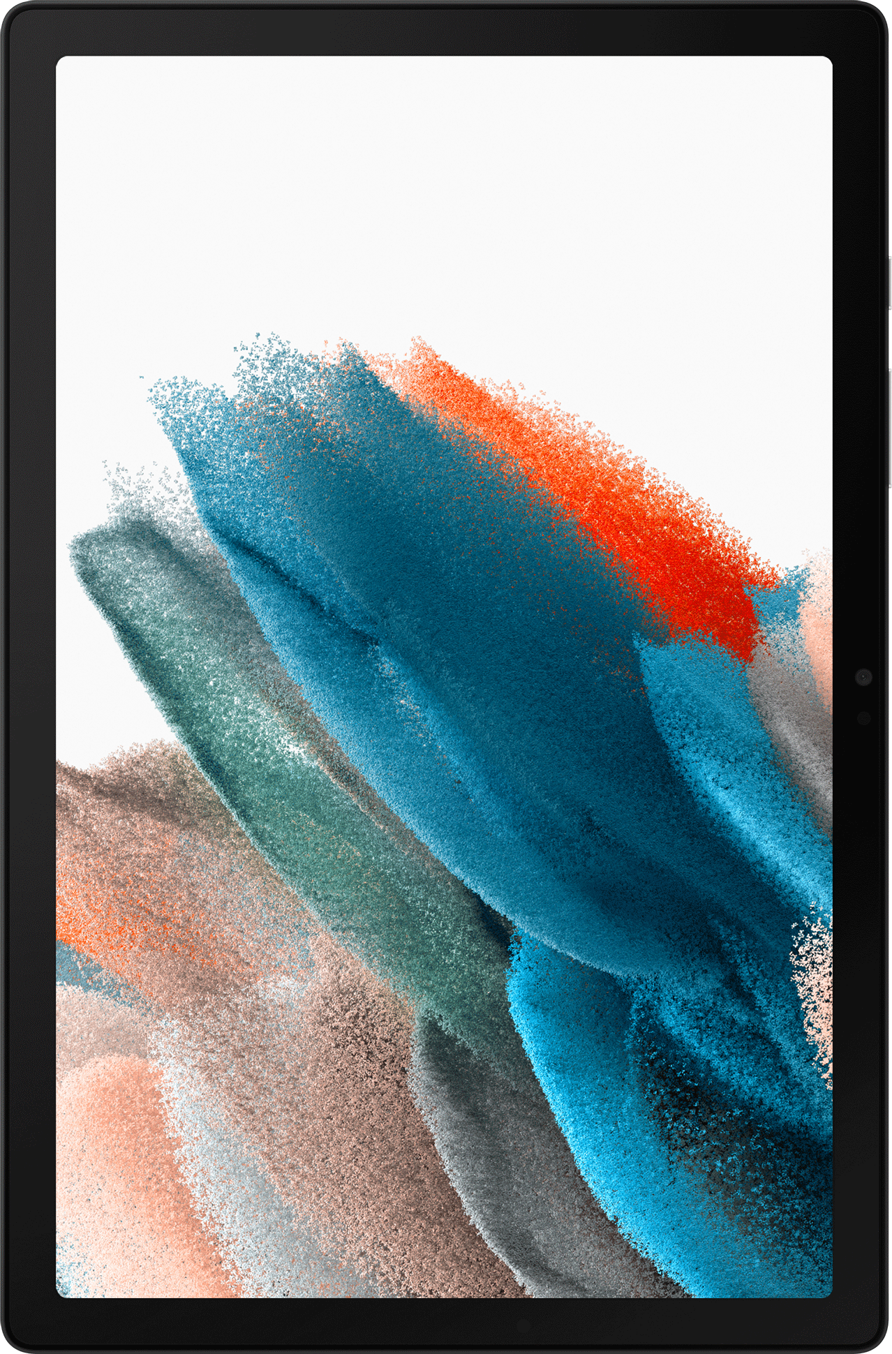 Tablet mit schwarzem Rahmen zeigt abstrakte farbenfrohe Kunst auf dem Bildschirm.