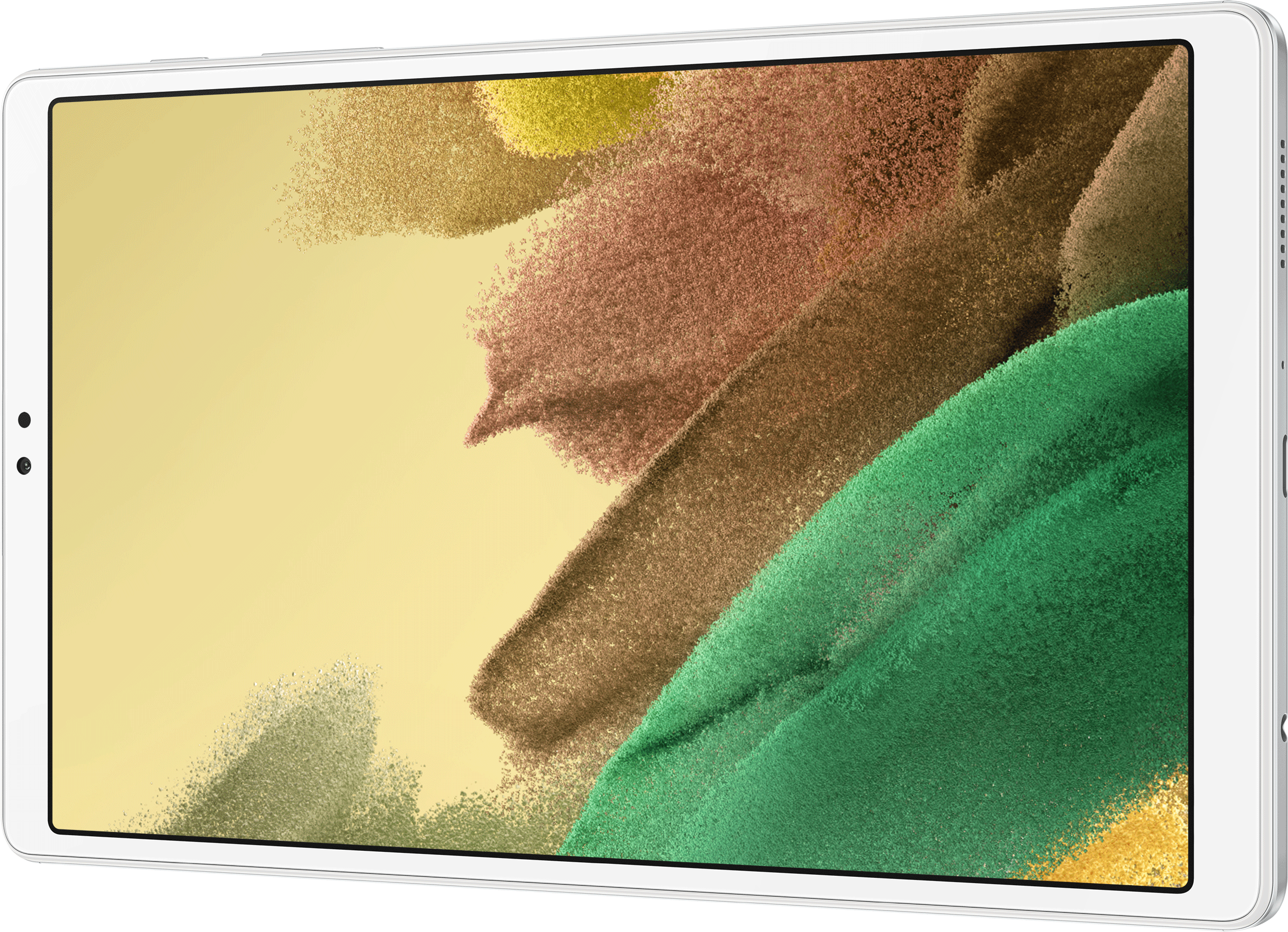 Tablet con schermo colorato. Motivo giallo, marrone e verde. Cornice bianca.