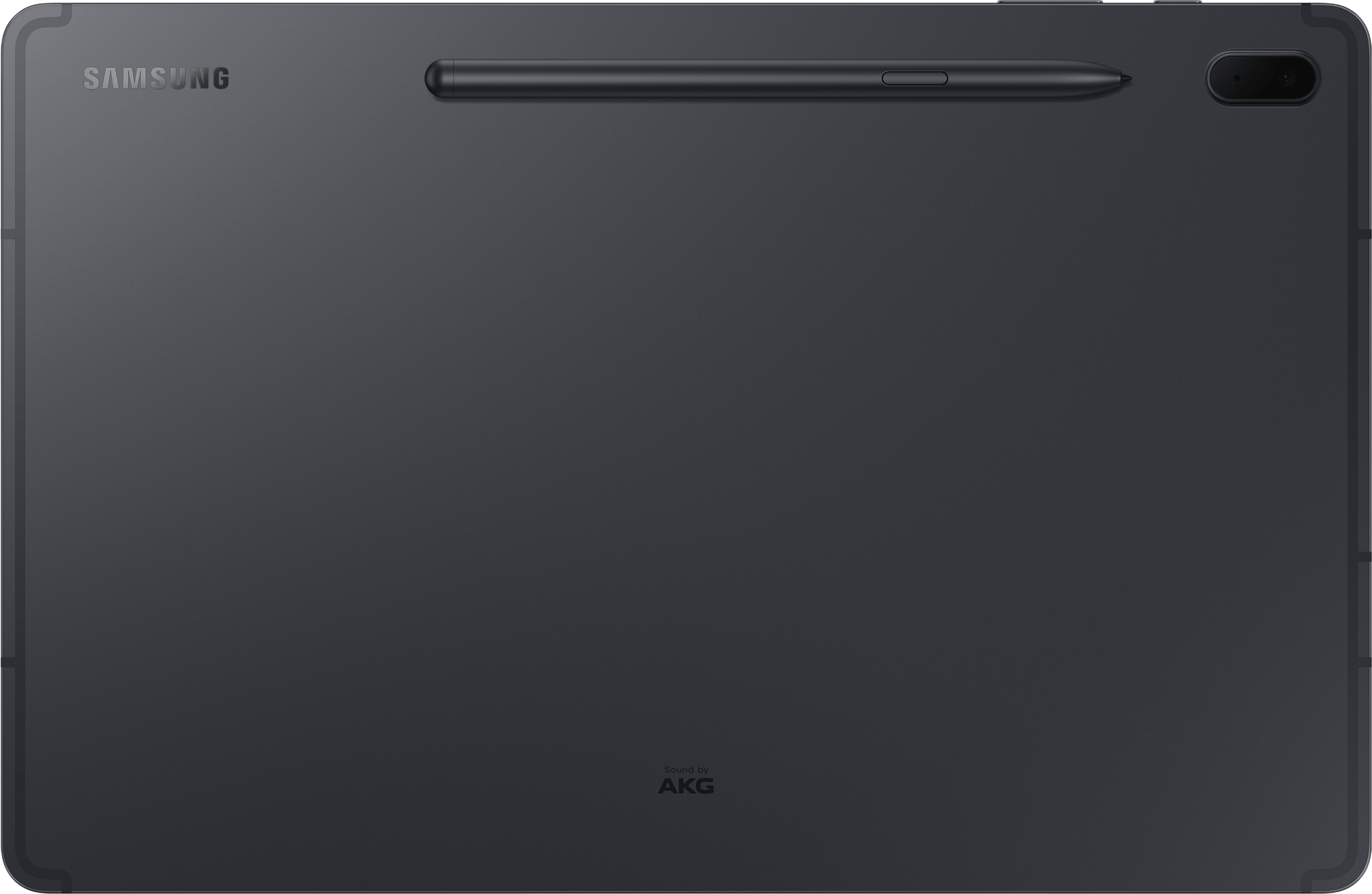 Zwarte tablet met stylus. Het Samsung-logo staat bovenaan. De achtergrond is wit.