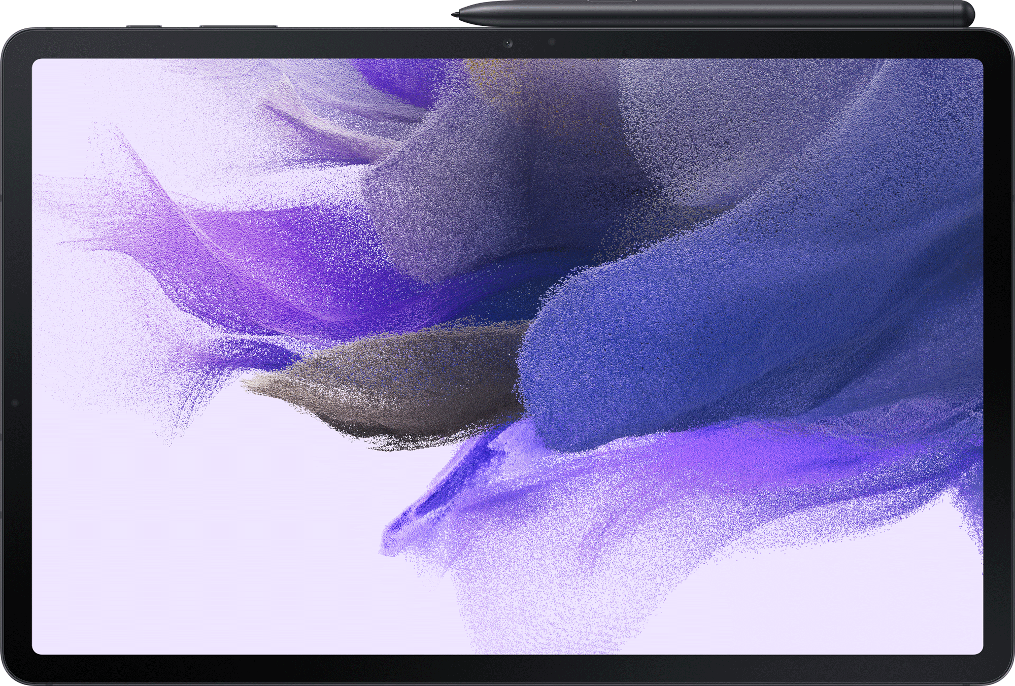 Een tablet met een stylus. Het scherm toont een paars en wit abstract ontwerp.
