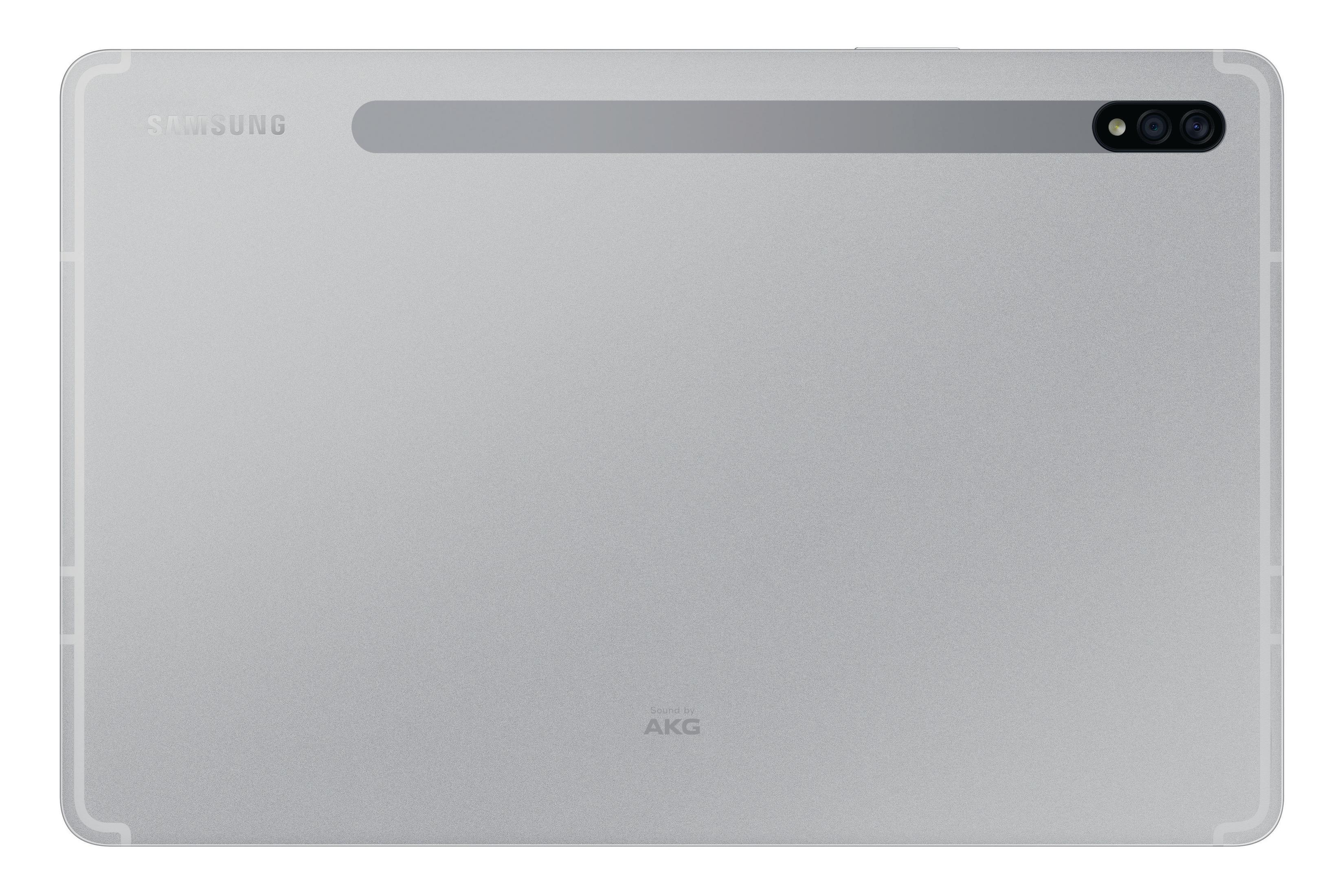 Silbernes Samsung Tablet, Rückansicht. Samsung- und AKG-Logos sind sichtbar.