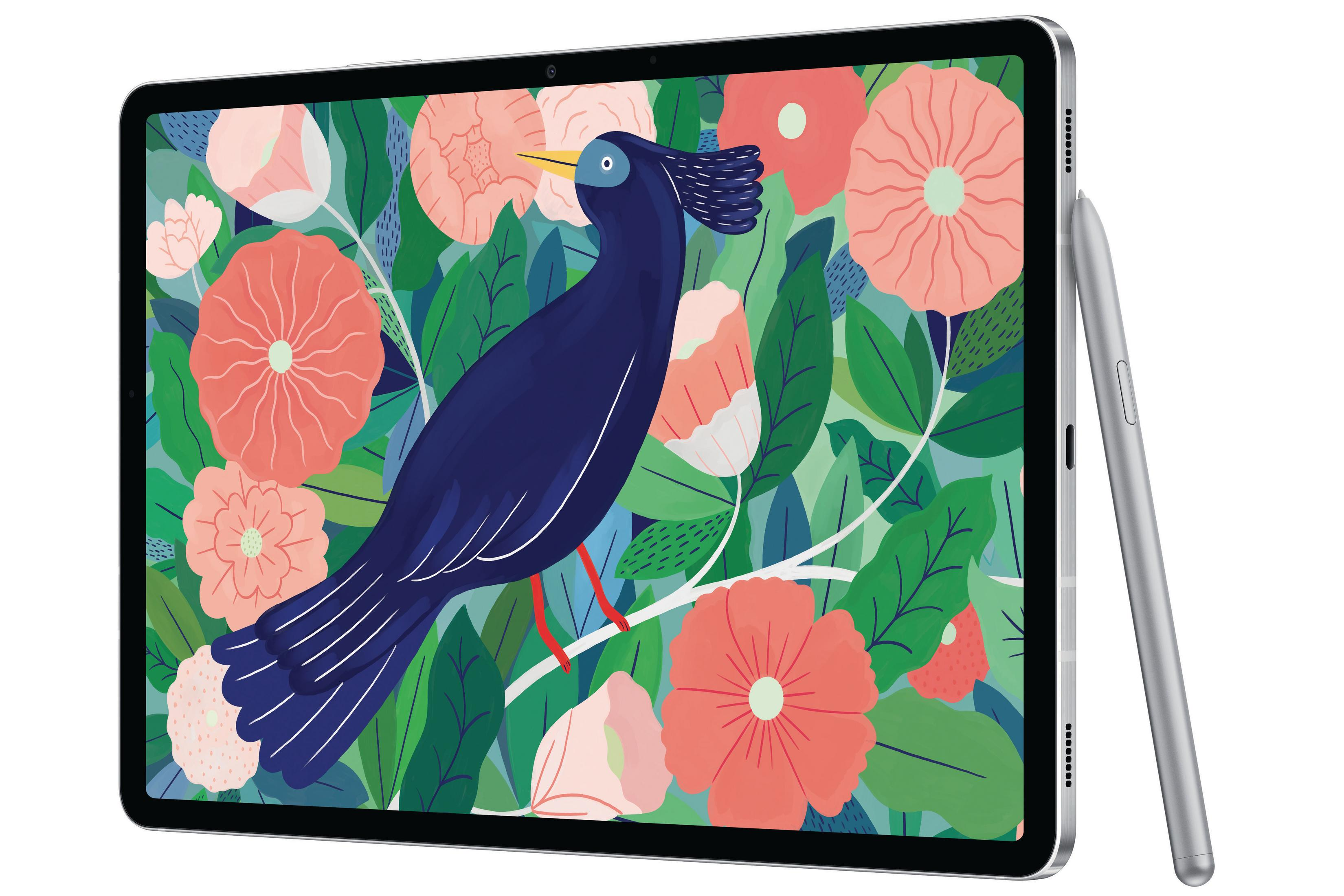 Tablet mit Vogel- und Blumenkunst und einem Stift. Weißer Hintergrund.