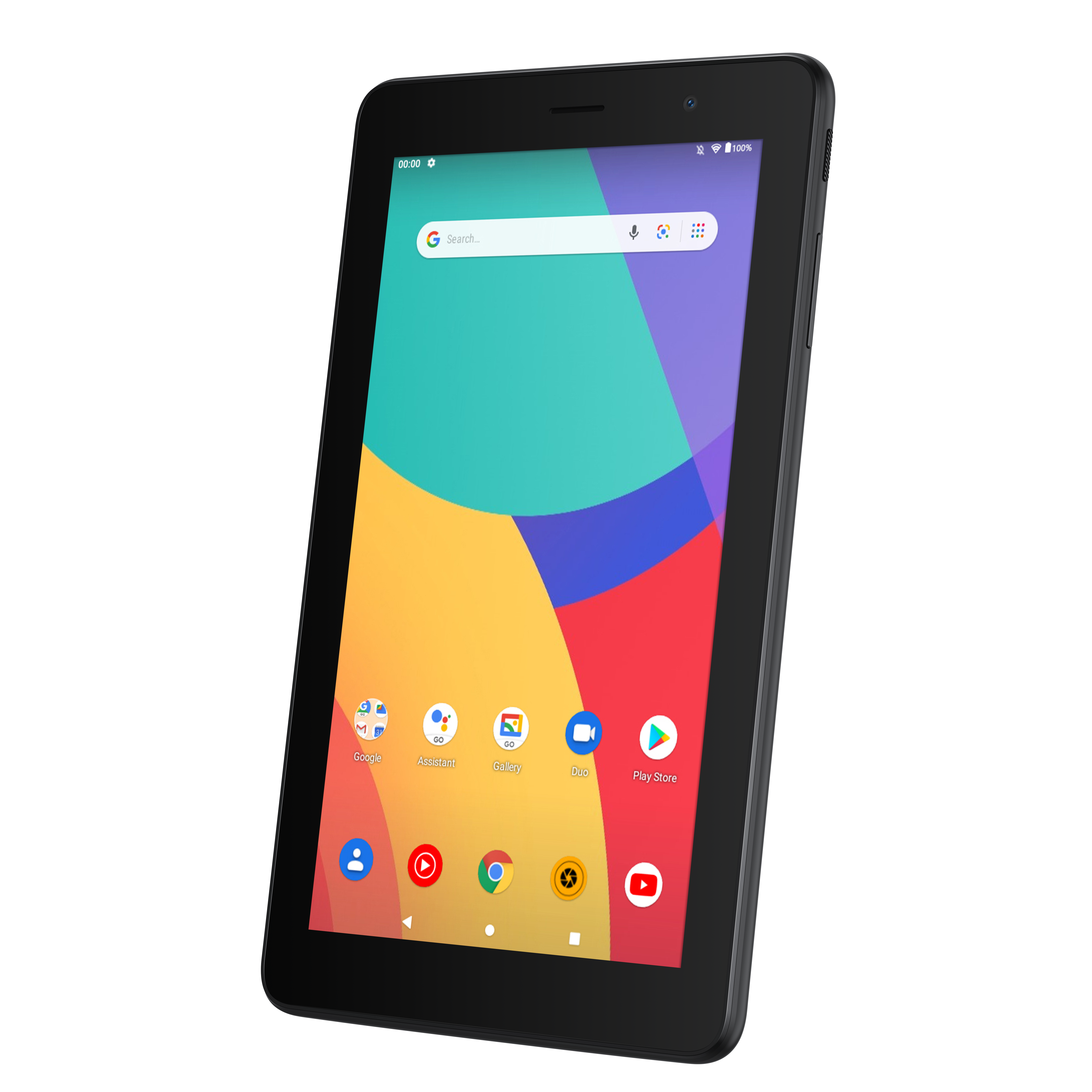 Tableta negra con pantalla colorida que muestra iconos de aplicaciones.