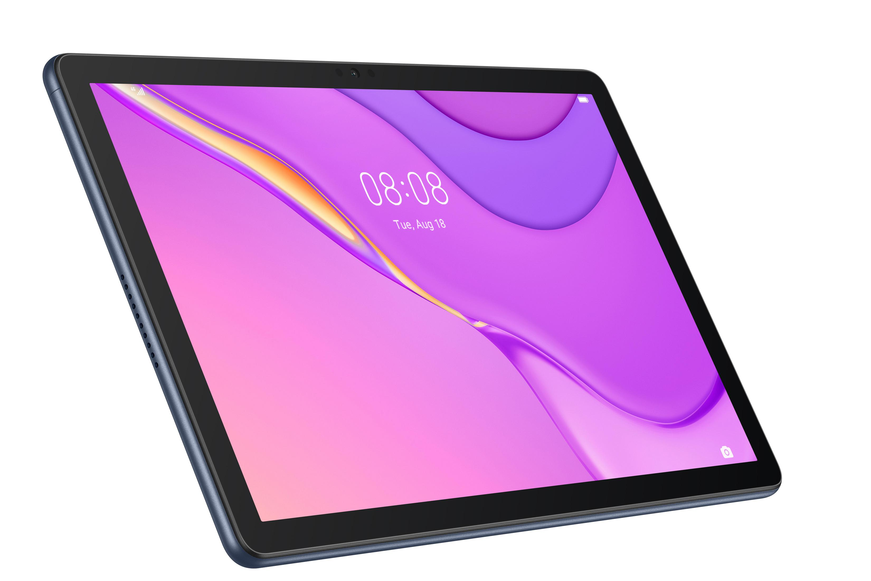 Ein Tablet mit einem rosa-lila Bildschirm auf weißem Hintergrund. Das Tablet ist dunkelblau.