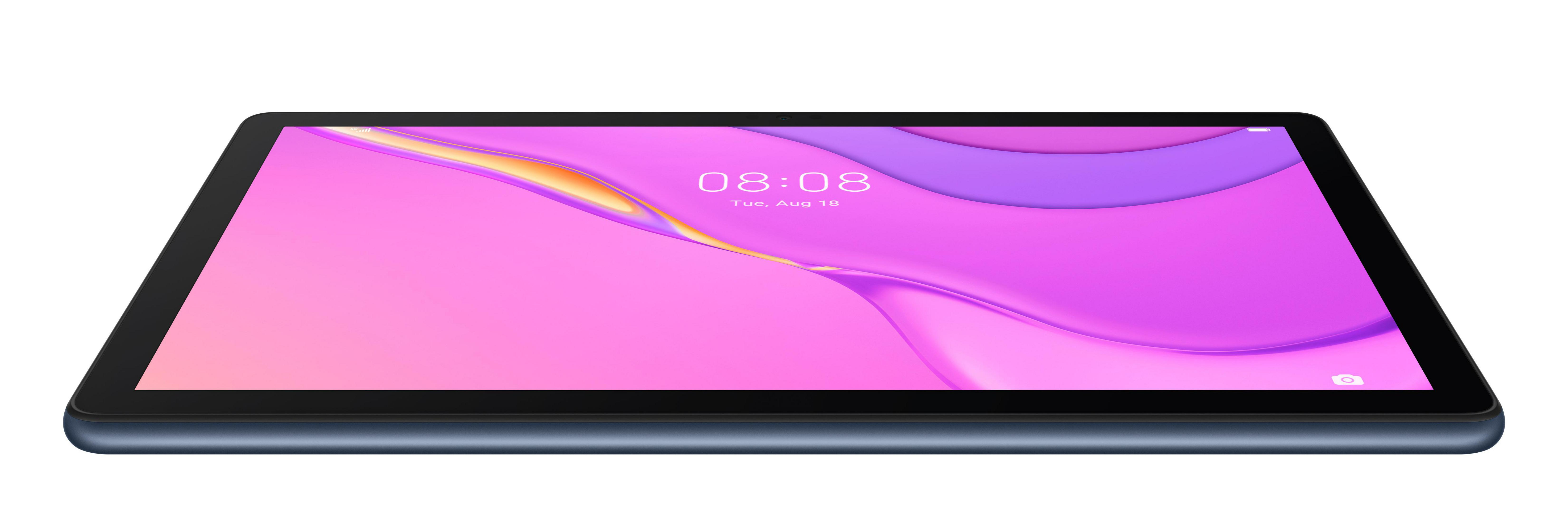 Tablet-Gerät auf Weiß. Der Bildschirm zeigt eine farbenfrohe Anzeige mit Datum und Uhrzeit.