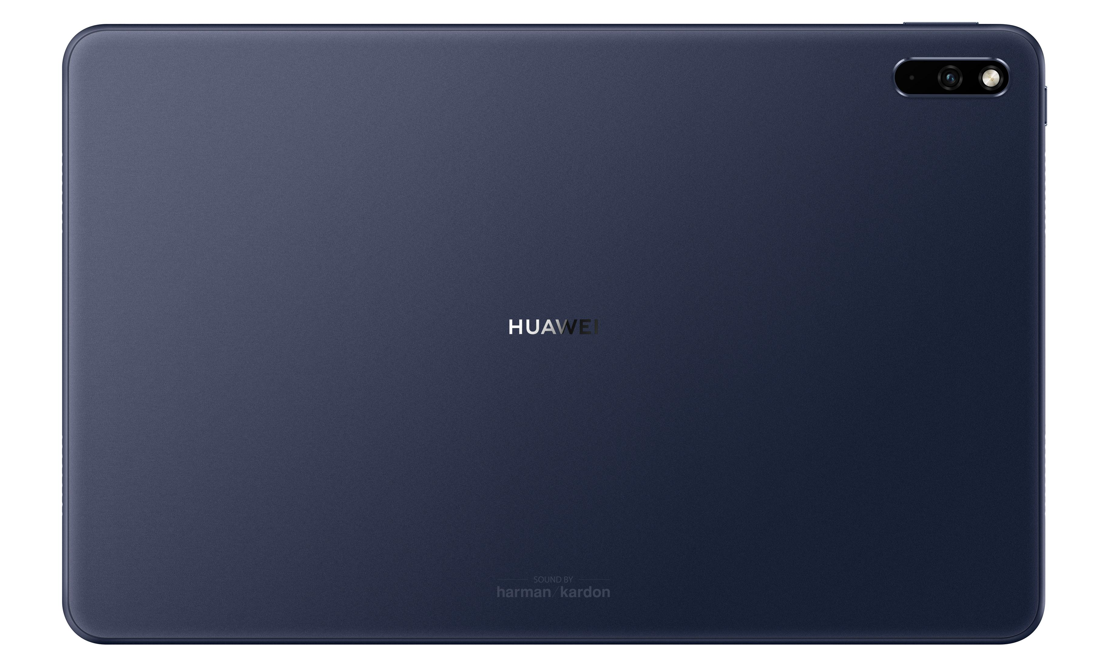Marineblaues Huawei-Tablet, Rückansicht, mit dem Huawei-Logo und dem harman/kardon-Logo.