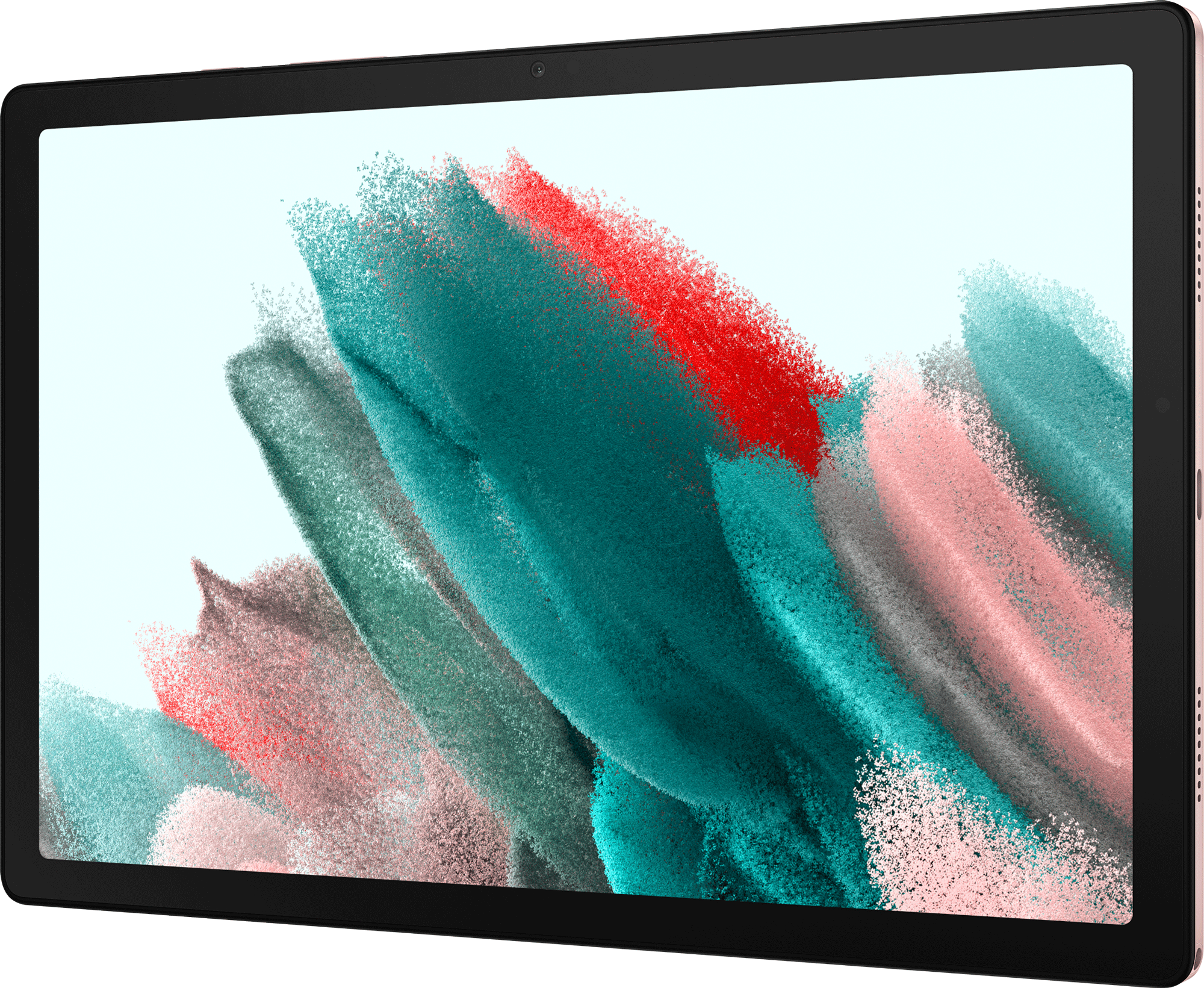 Tablet mit schwarzem Rahmen und Display mit abstrakter Kunst. Schwarzer Hintergrund.