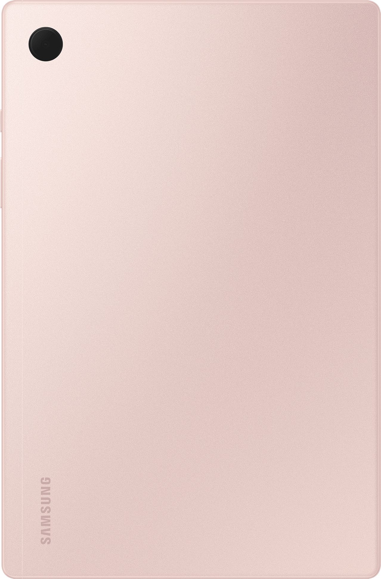 Rückseite eines rosa Tablets. Eine schwarze Kameralinse befindet sich oben links. SAMSUNG unten.