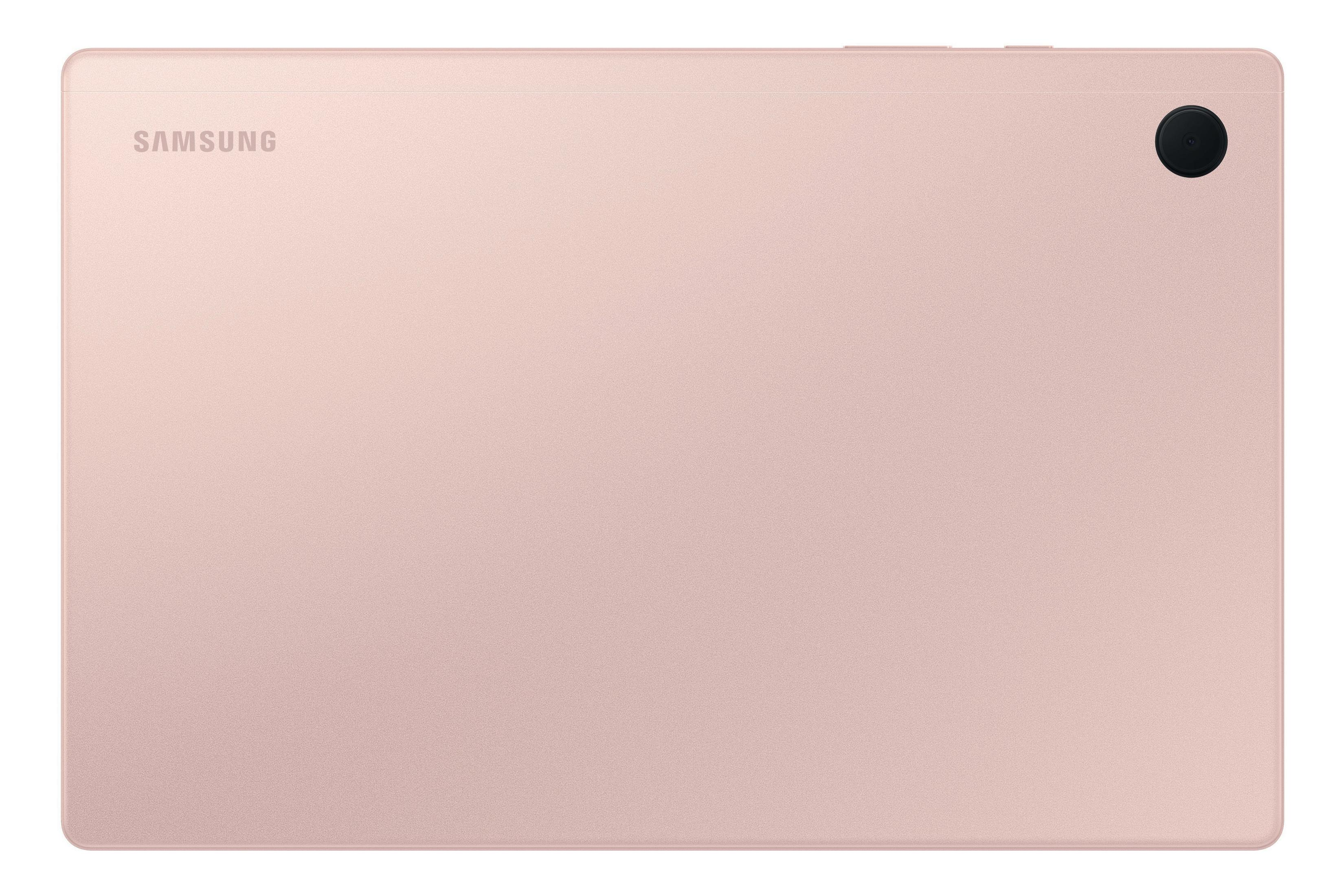 Rückseite eines rosa Tablets mit Kamera und Samsung-Logo.