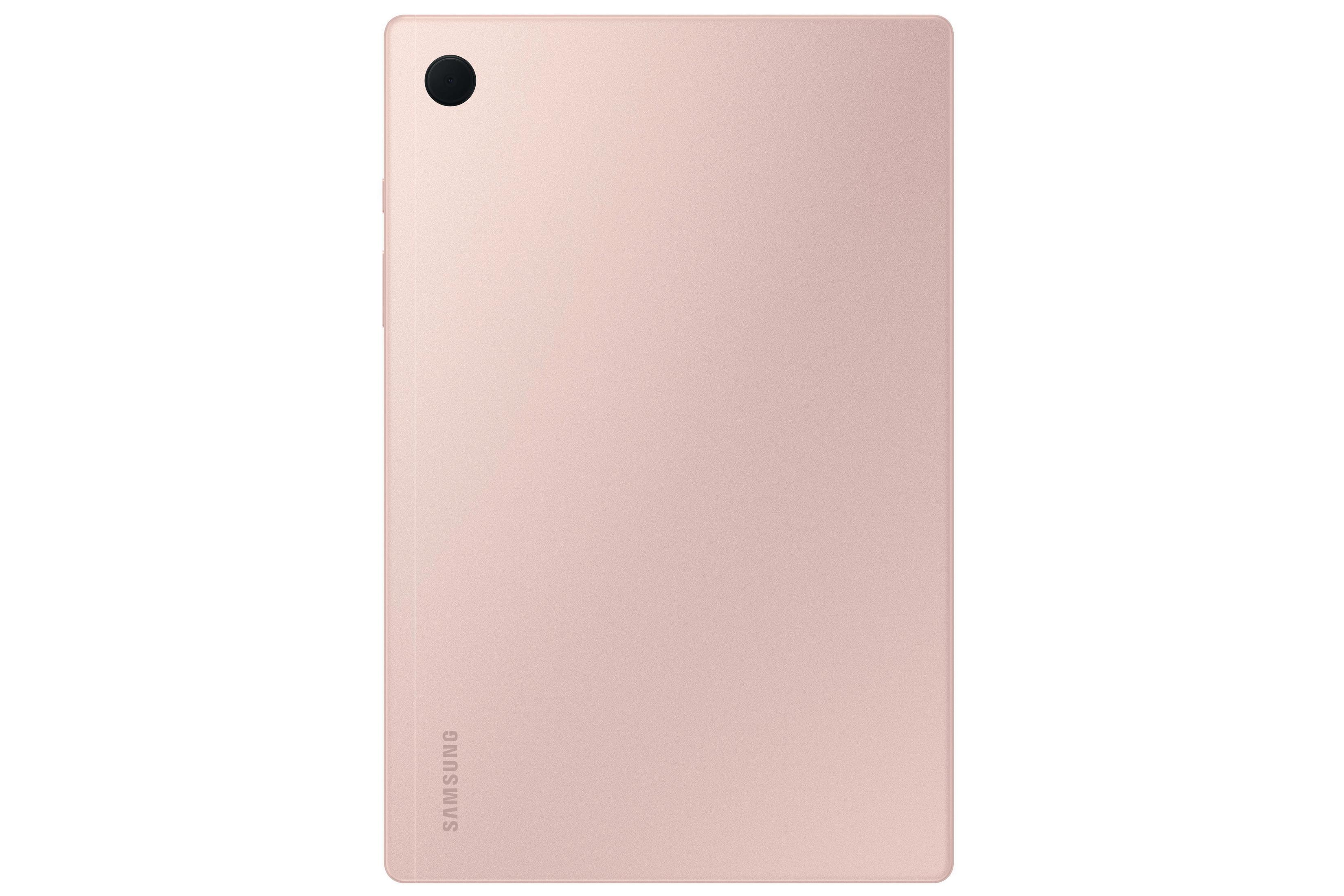 Rückseite eines rosa Tablets mit Kameraobjektiv oben und Samsung-Logo unten.
