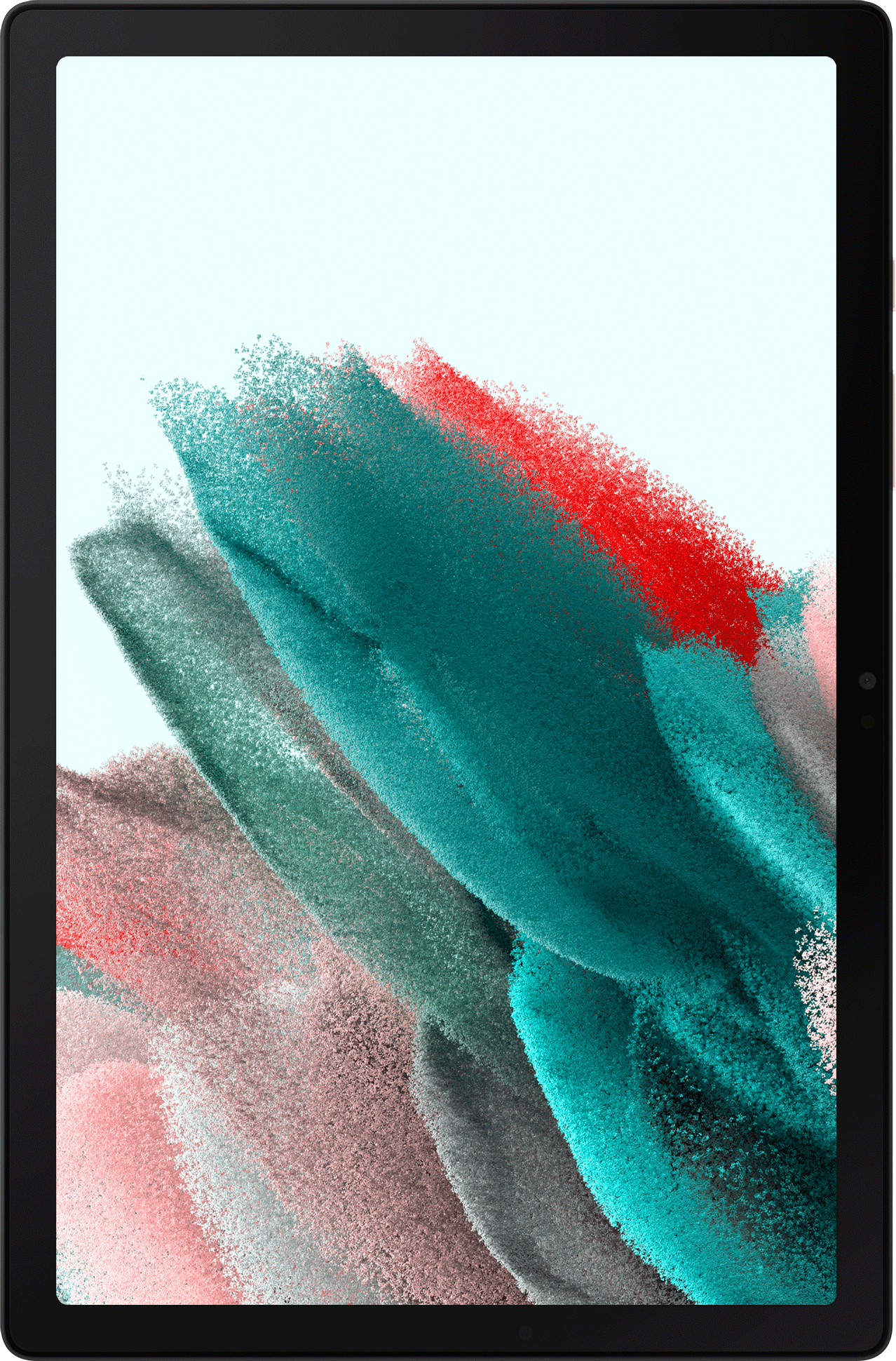 Schwarzes Tablet mit farbenfrohem Bildschirm. Der Bildschirm zeigt abstrakte Formen in Grün, Rot und Blau.
