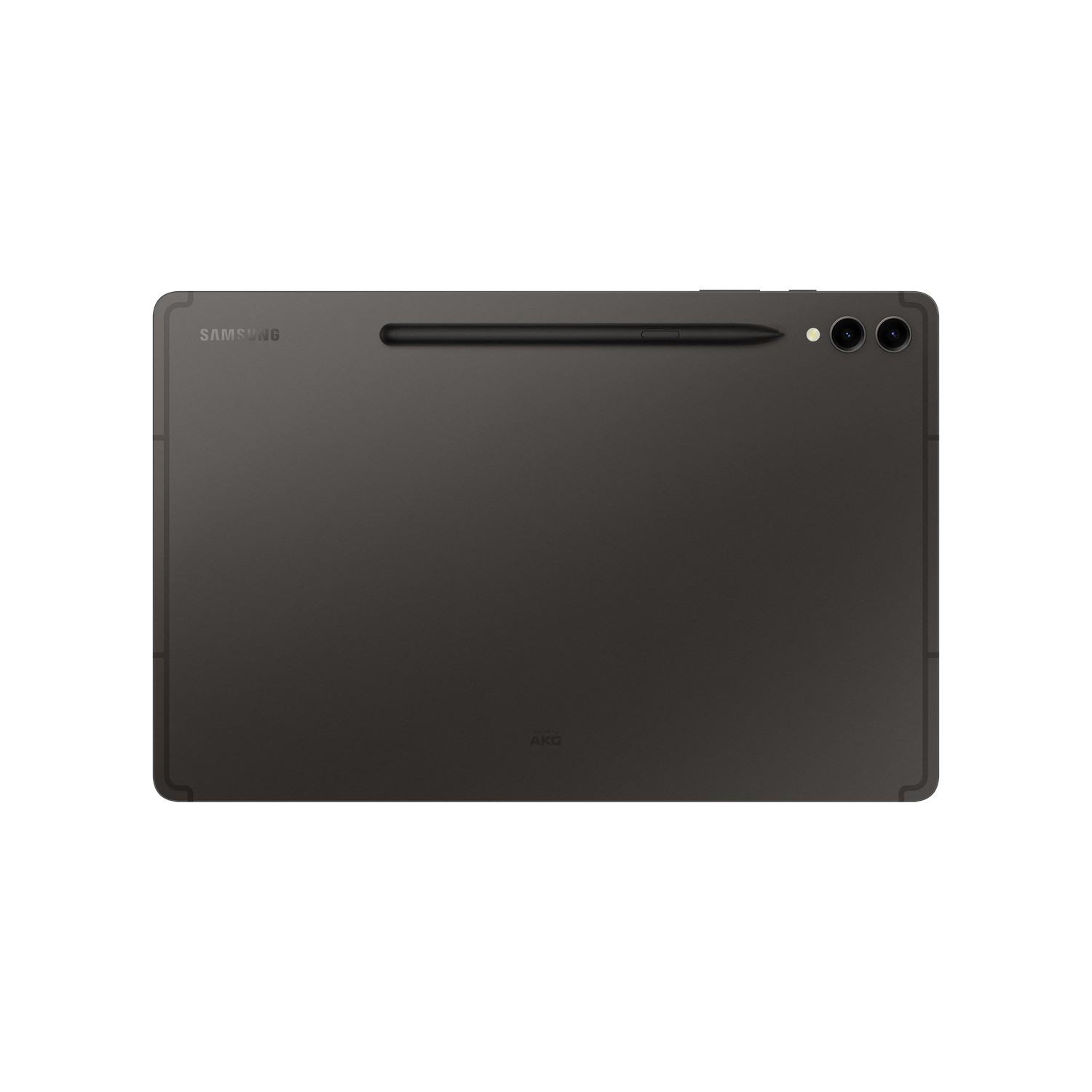 Dunkelgraues Tablet mit Stift oben, Rückseite des Geräts.