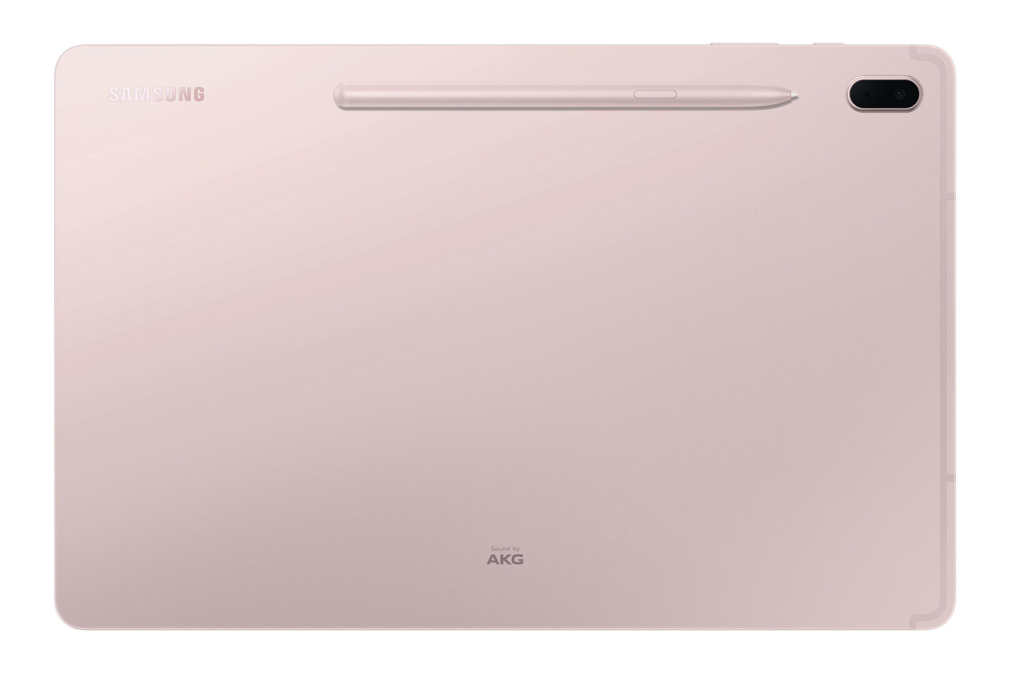 Ein roségoldenes Samsung-Tablet mit Stift auf weißem Hintergrund.
