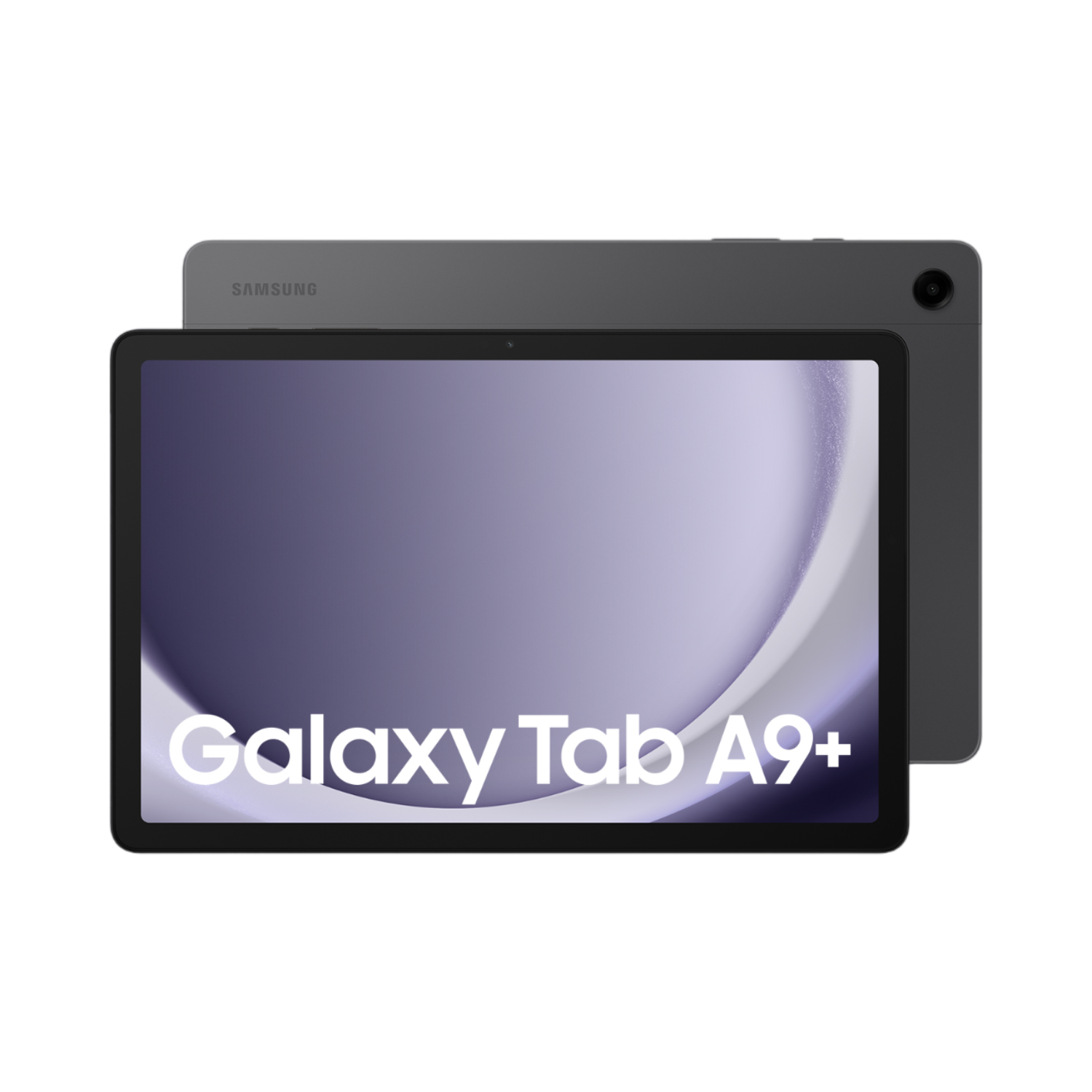 Tablet z szarym tyłem i ekranem wyświetlającym słowa 'Galaxy Tab A9+'.