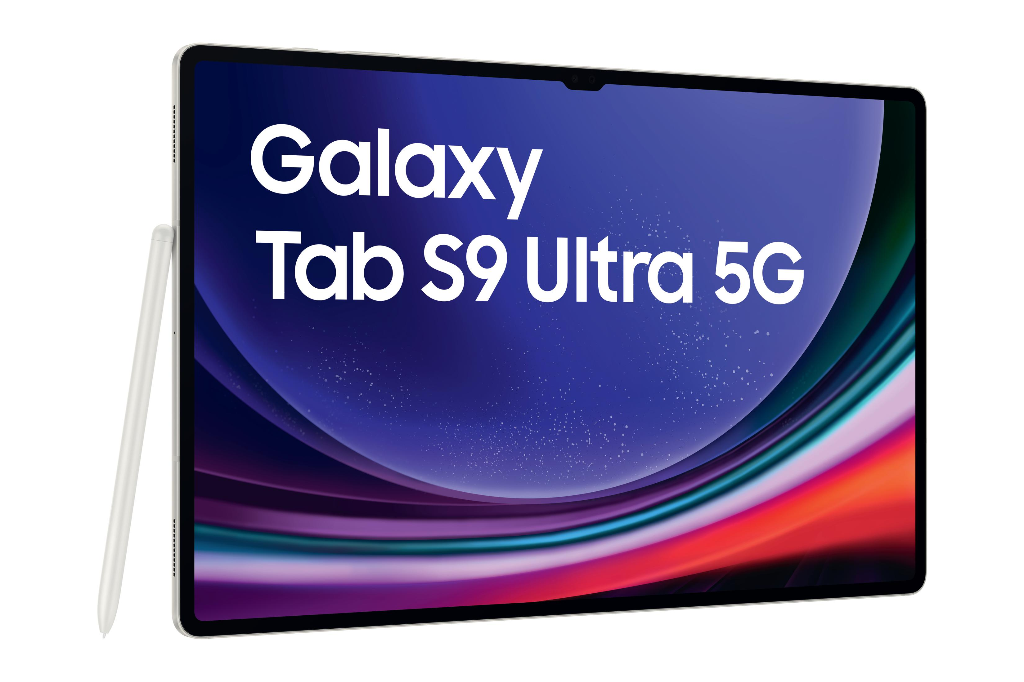 Weißes Tablet mit Stift und Text, Galaxy Tab S9 Ultra 5G.