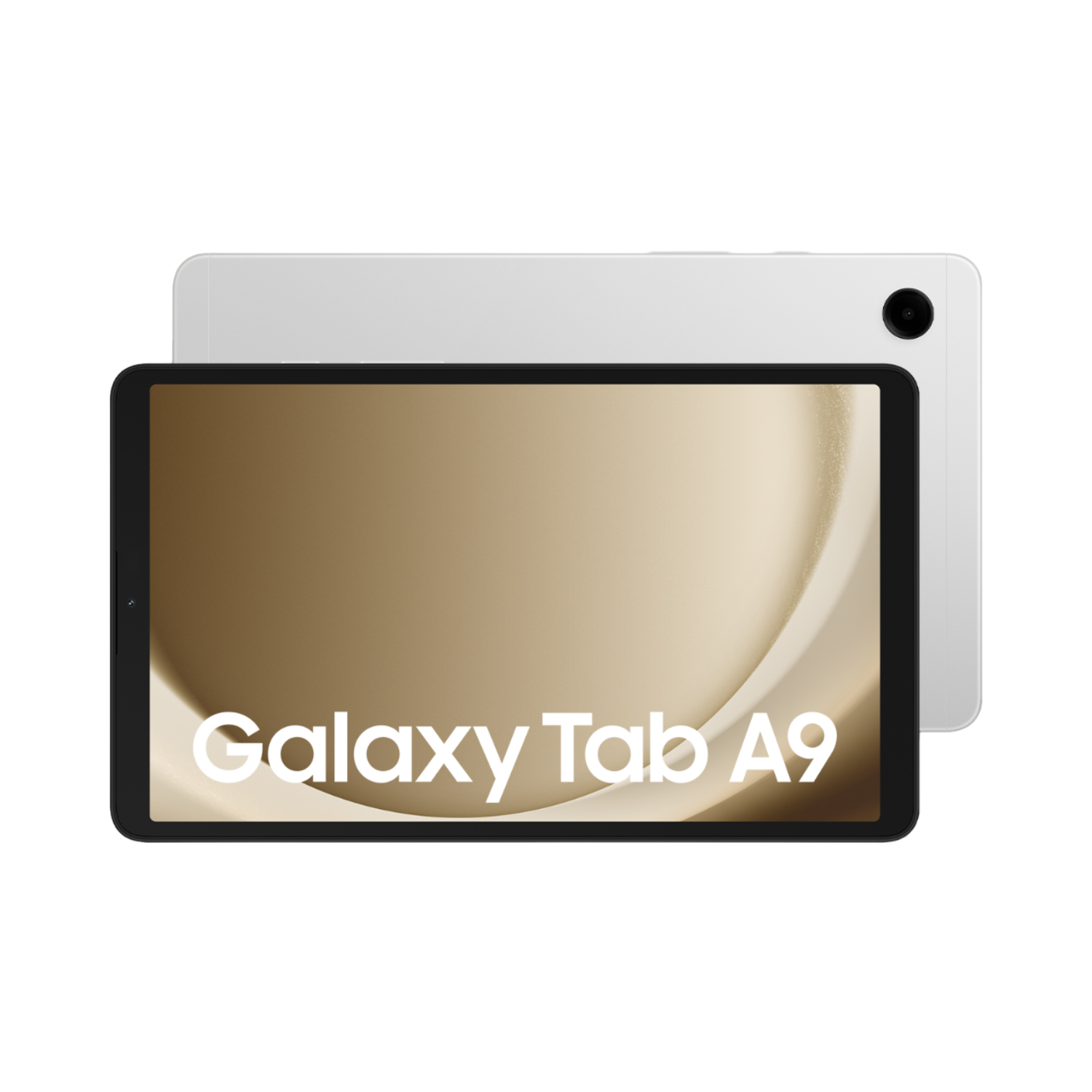 Tablet nero con le parole Galaxy Tab A9 sullo schermo e un retro bianco.