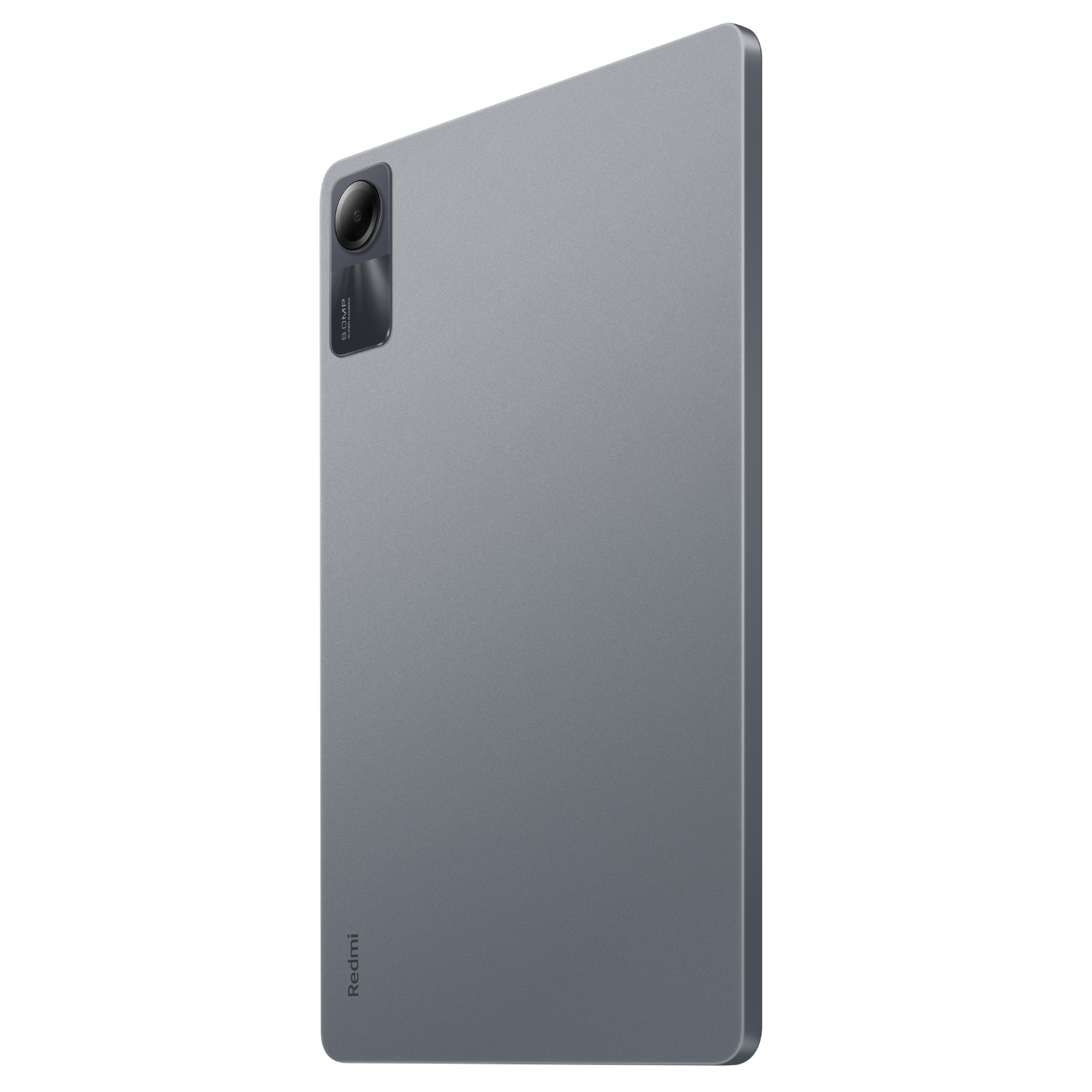 Ein grauer Tablet-Computer, der die Rückseite zeigt, vor schwarzem Hintergrund.