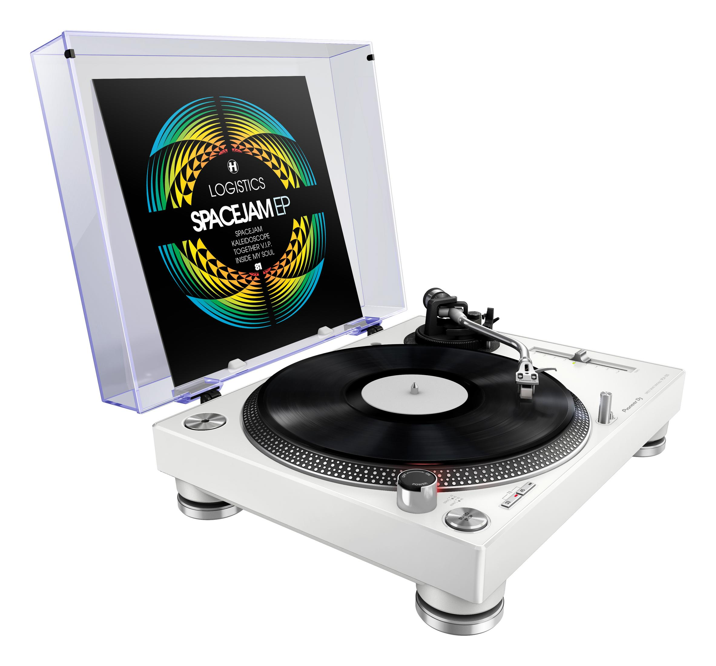 White turntable with black vinyl record. Clear cover is open. The record label is visible.