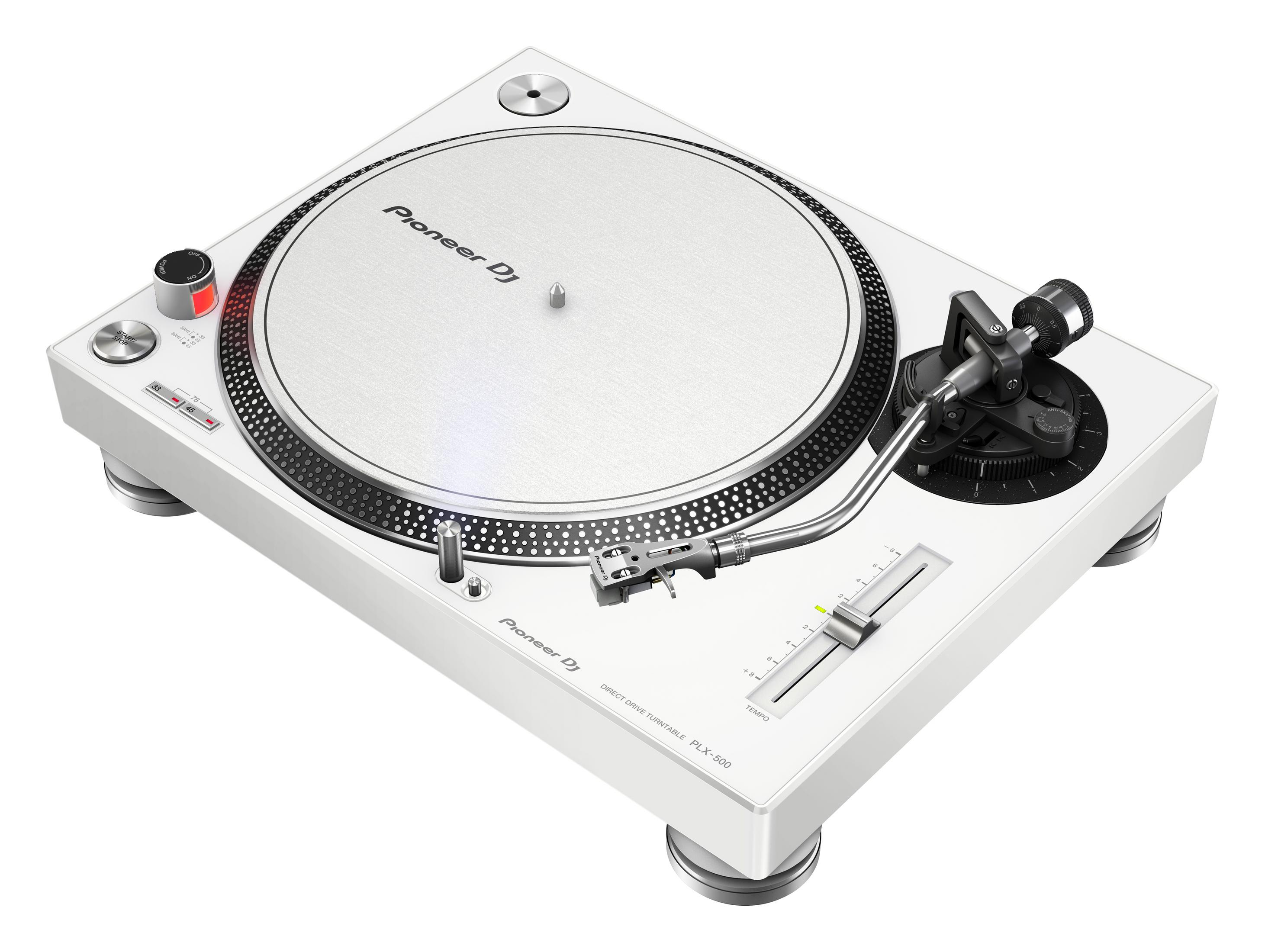 White Pioneer DJ turntable, angled view.