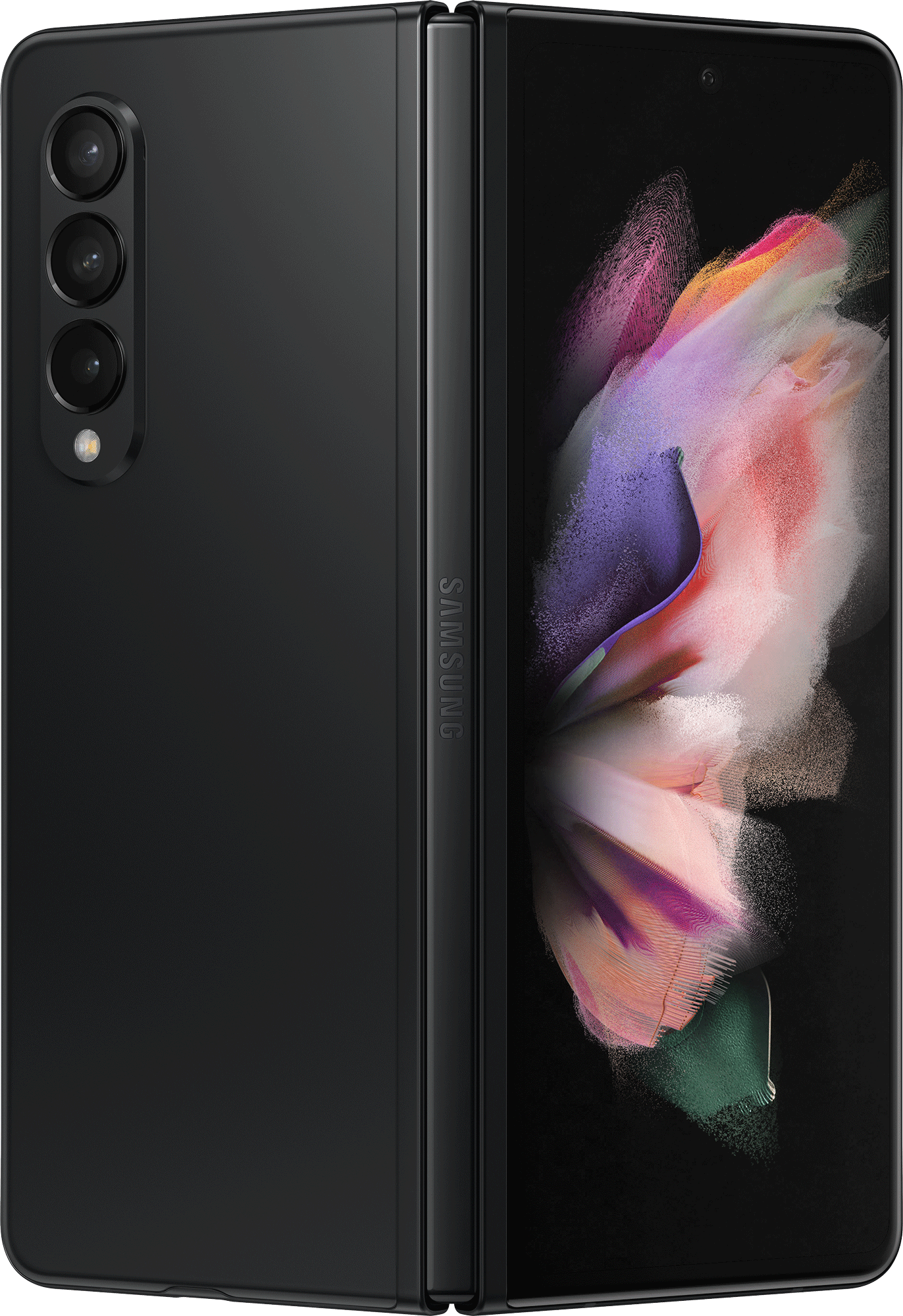 Czarny składany telefon Samsung, pokazujący rozłożony ekran wewnętrzny i złożoną kamerę zewnętrzną.