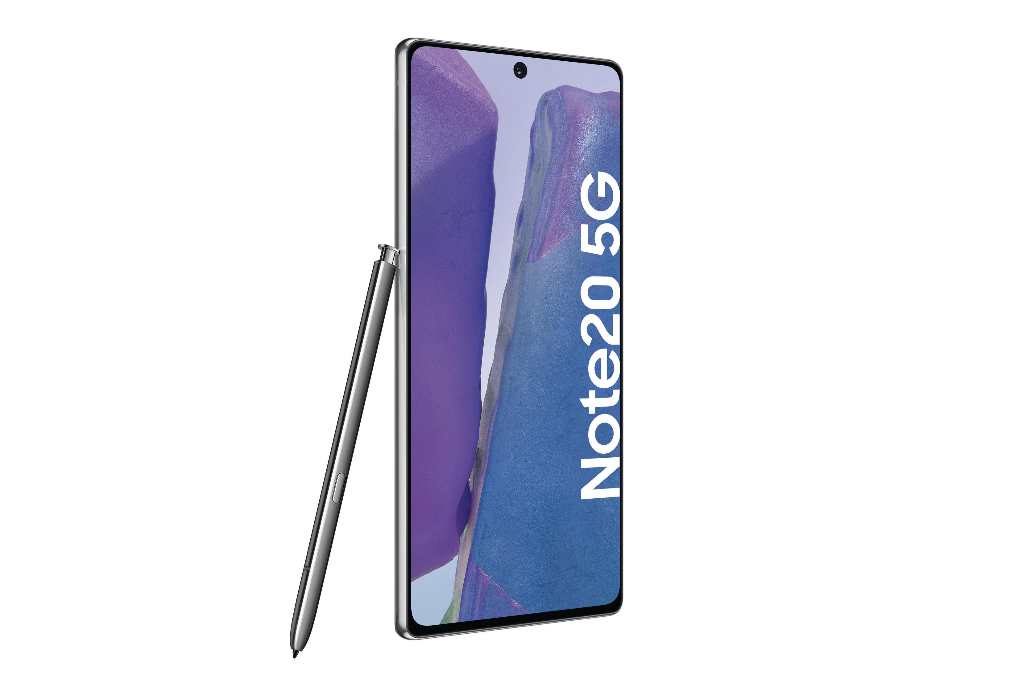 Smartphone met een pen ernaast. Scherm toont de woorden Note20 5G. Witte achtergrond.