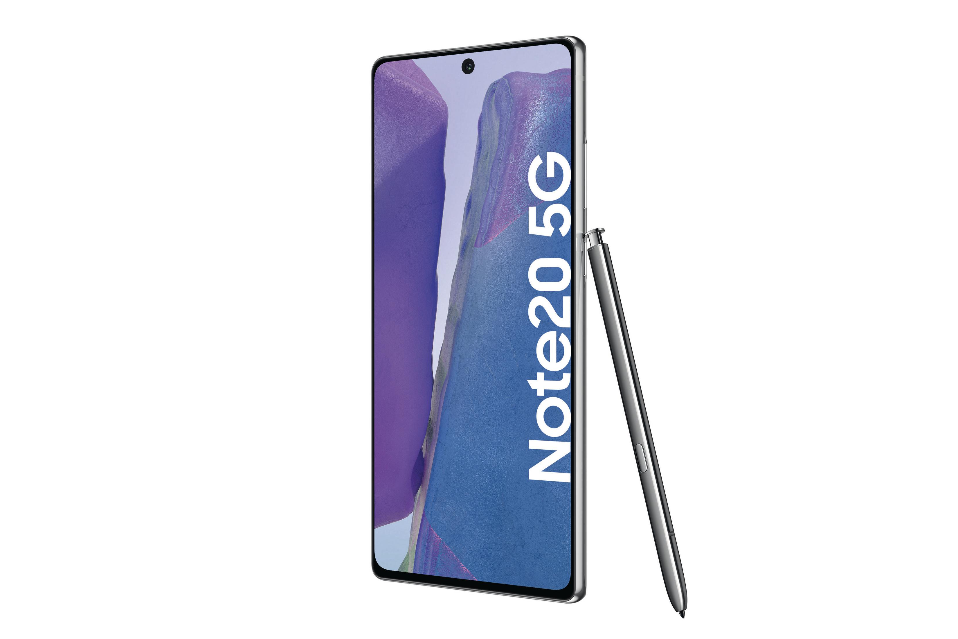 Smartphone met stylus, met "Note20 5G" op het scherm.