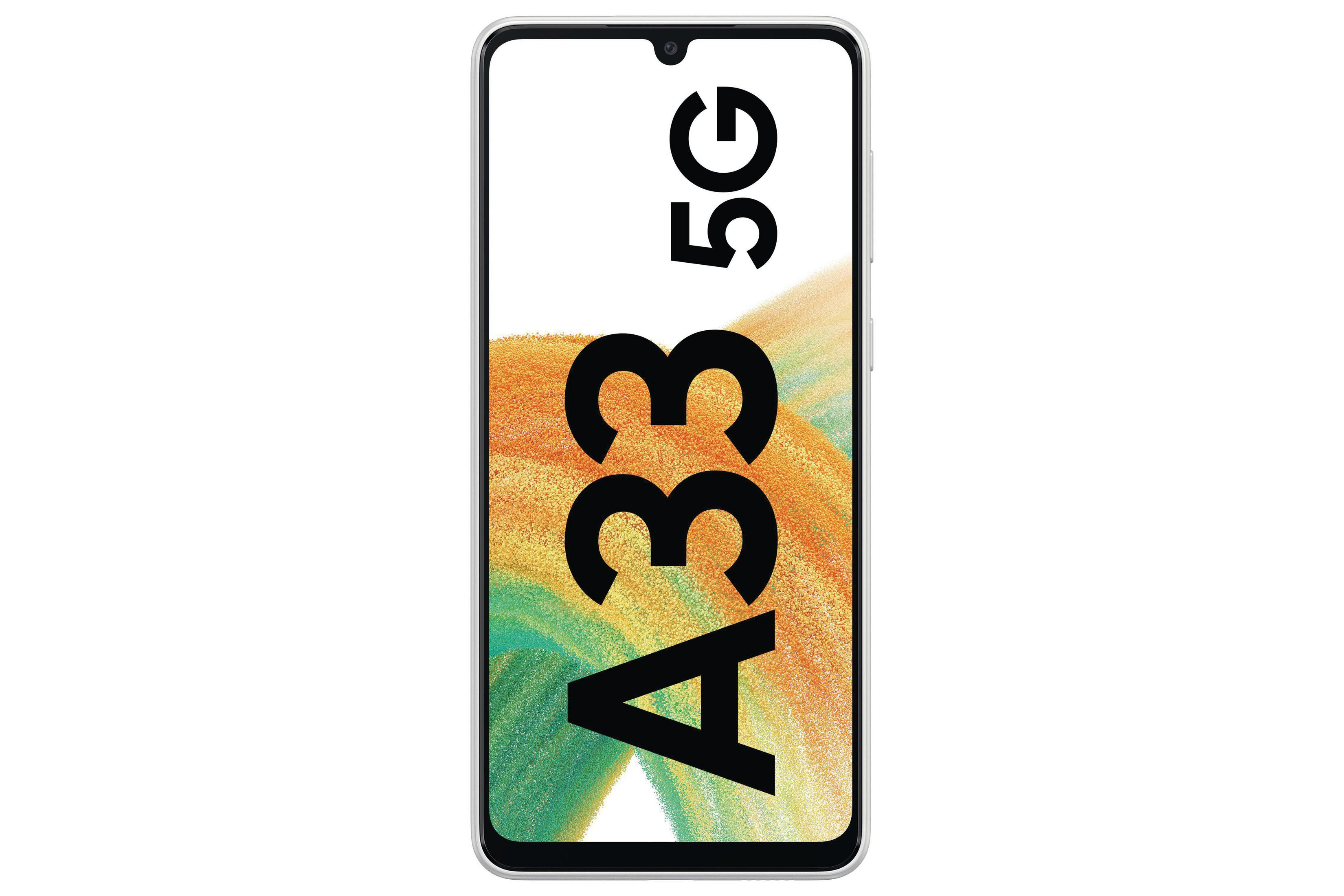 Srebrny smartfon z dużym ekranem wyświetlającym logo A33 5G.