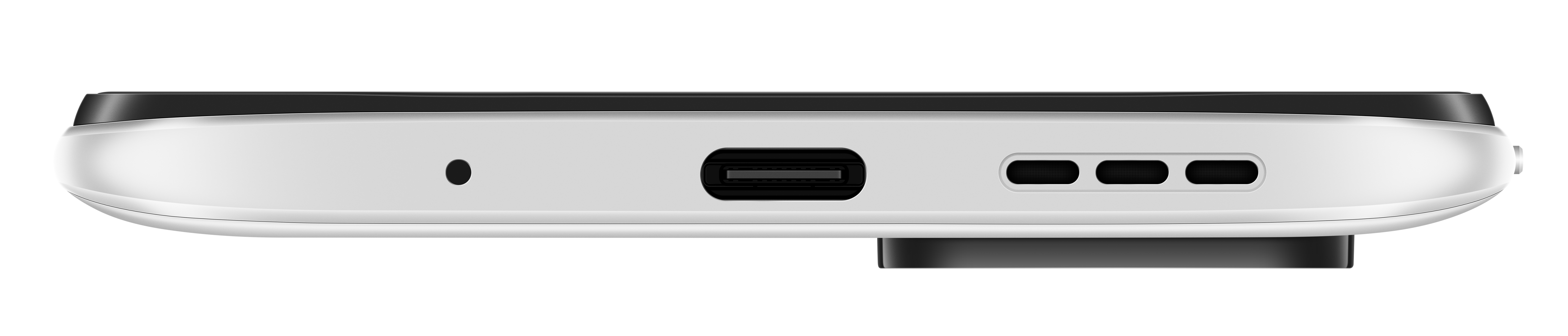 Widok od dołu białego telefonu, pokazujący port ładowania, głośnik i otwory mikrofonu.