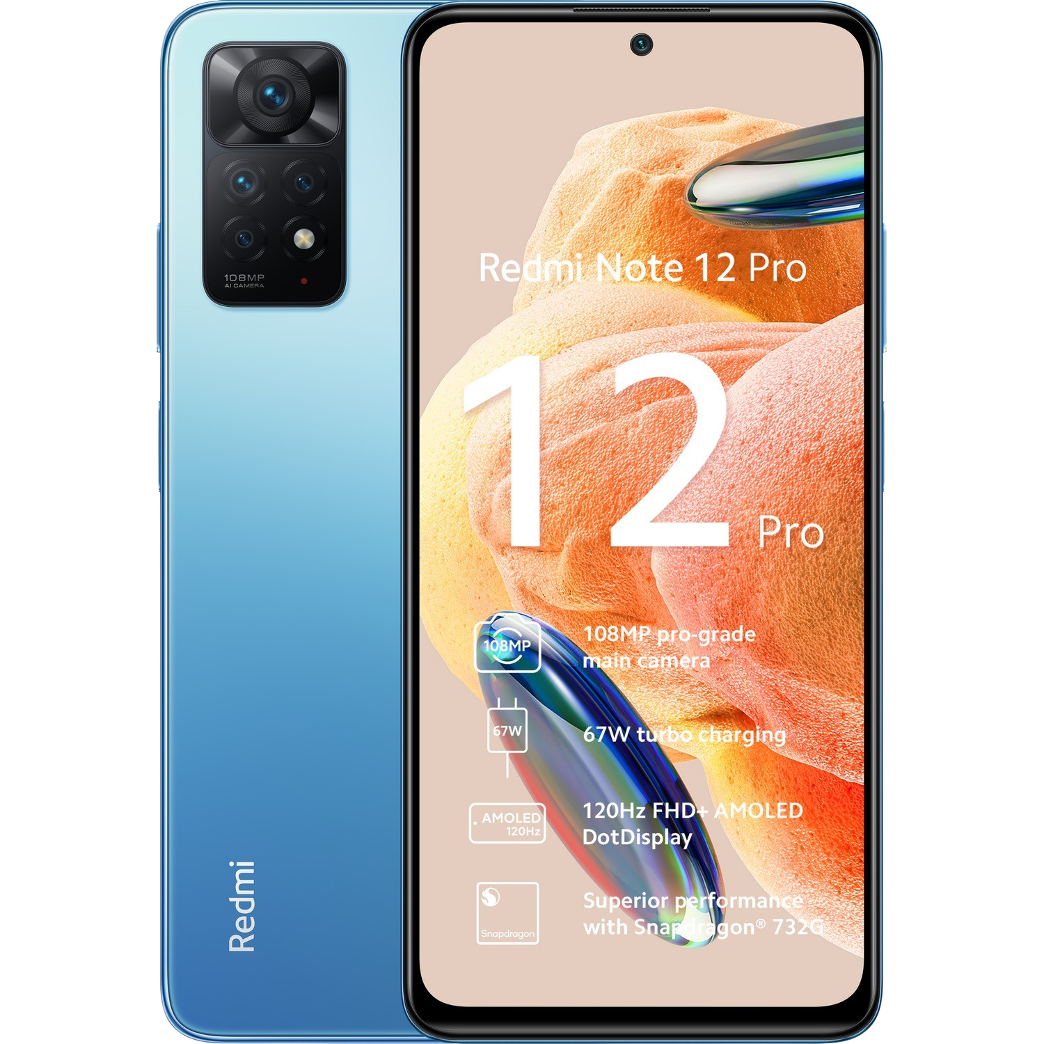 Niebieski smartfon z konfiguracją aparatu, tekstem i kolorowym tłem.